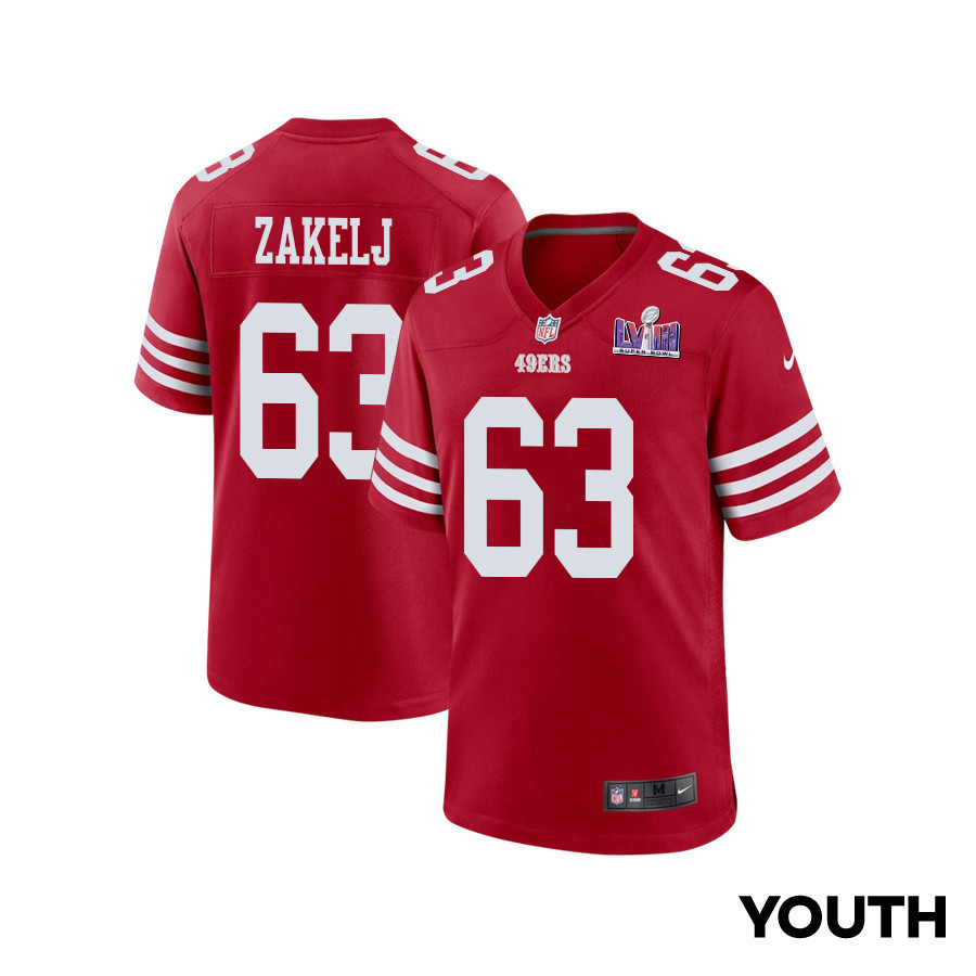 Nick Zakelj 63 San Francisco 49ers Super Bowl LVIII Patch Game Scarlet NFL Jersey Youth