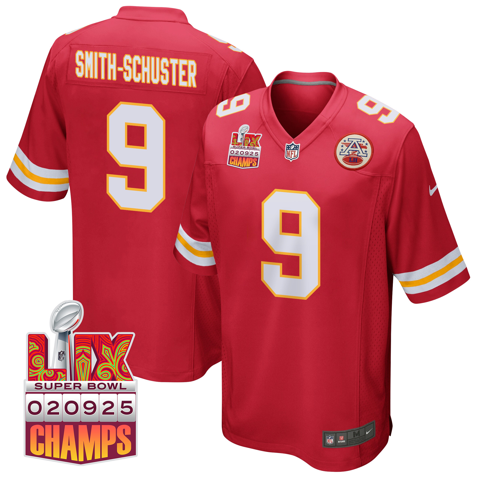 JuJu Smith-Schuster 9 Kansas City Chiefs Super Bowl LIX Champions Patch Game Red NFL Jersey Men's