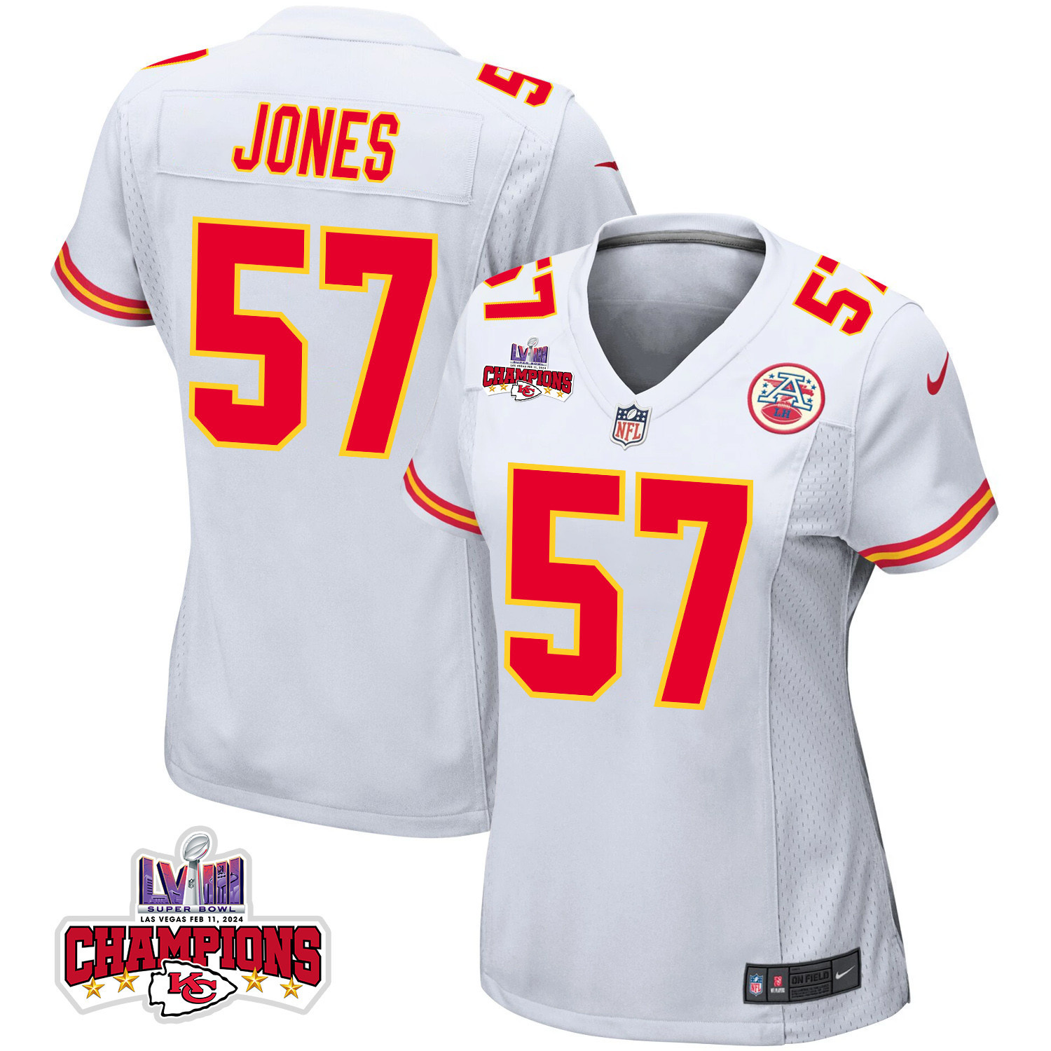 Truman Jones 57 Kansas City Chiefs Super Bowl LVIII Champions 4 Stars Patch Game White NFL Jersey Women's