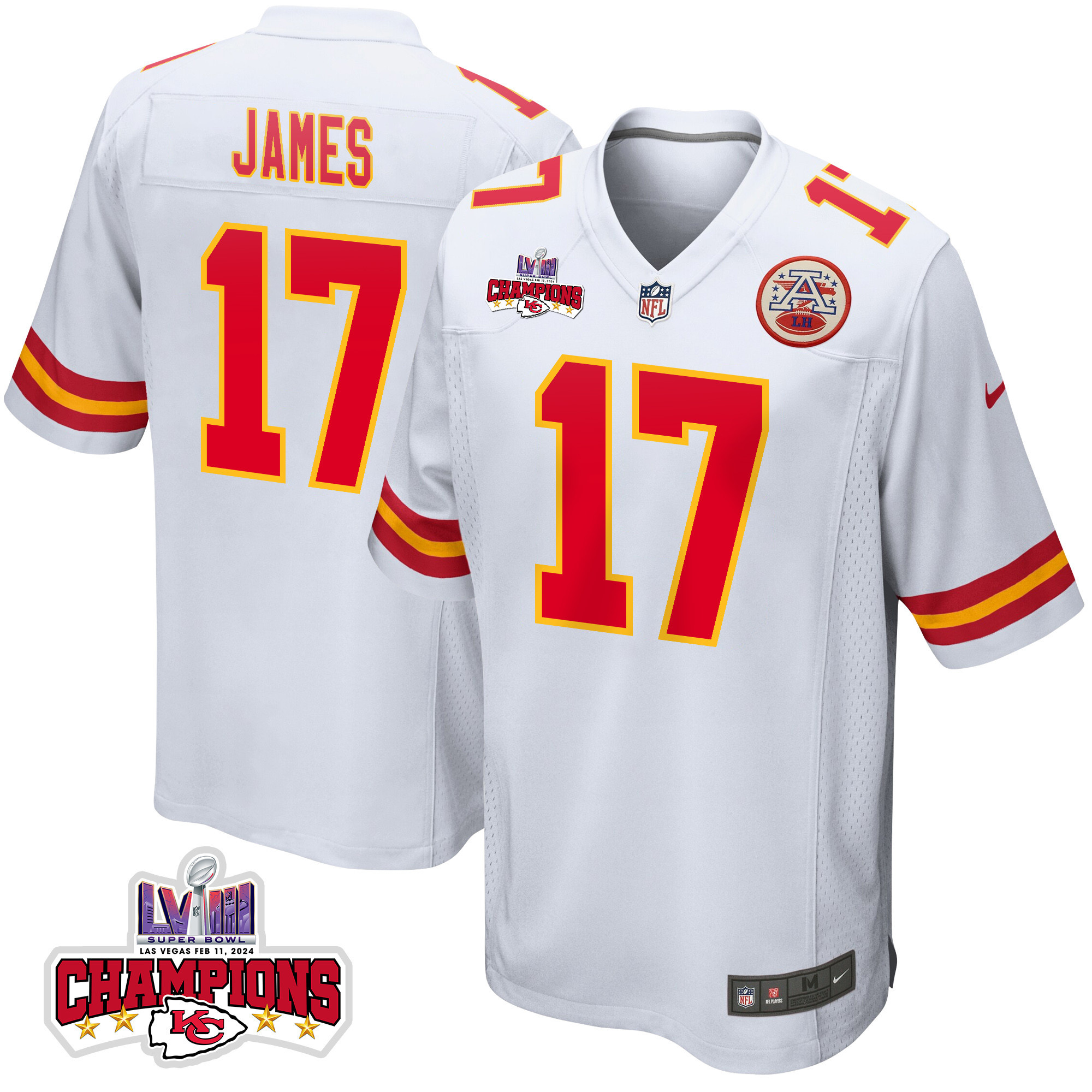 Richie James 17 Kansas City Chiefs Super Bowl LVIII Champions 4 Stars Patch Game White NFL Jersey Men's