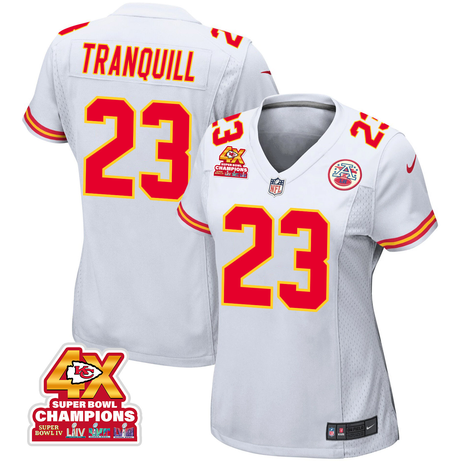 Drue Tranquill 23 Kansas City Chiefs Super Bowl LVIII Champions 4X Game White NFL Jersey Women's