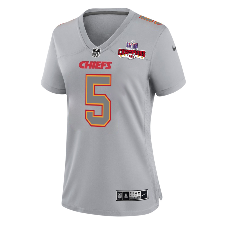Tommy Townsend 5 Kansas City Chiefs Super Bowl LVIII Champions 4 Stars Patch Atmosphere Fashion Game Gray NFL Jersey Women's