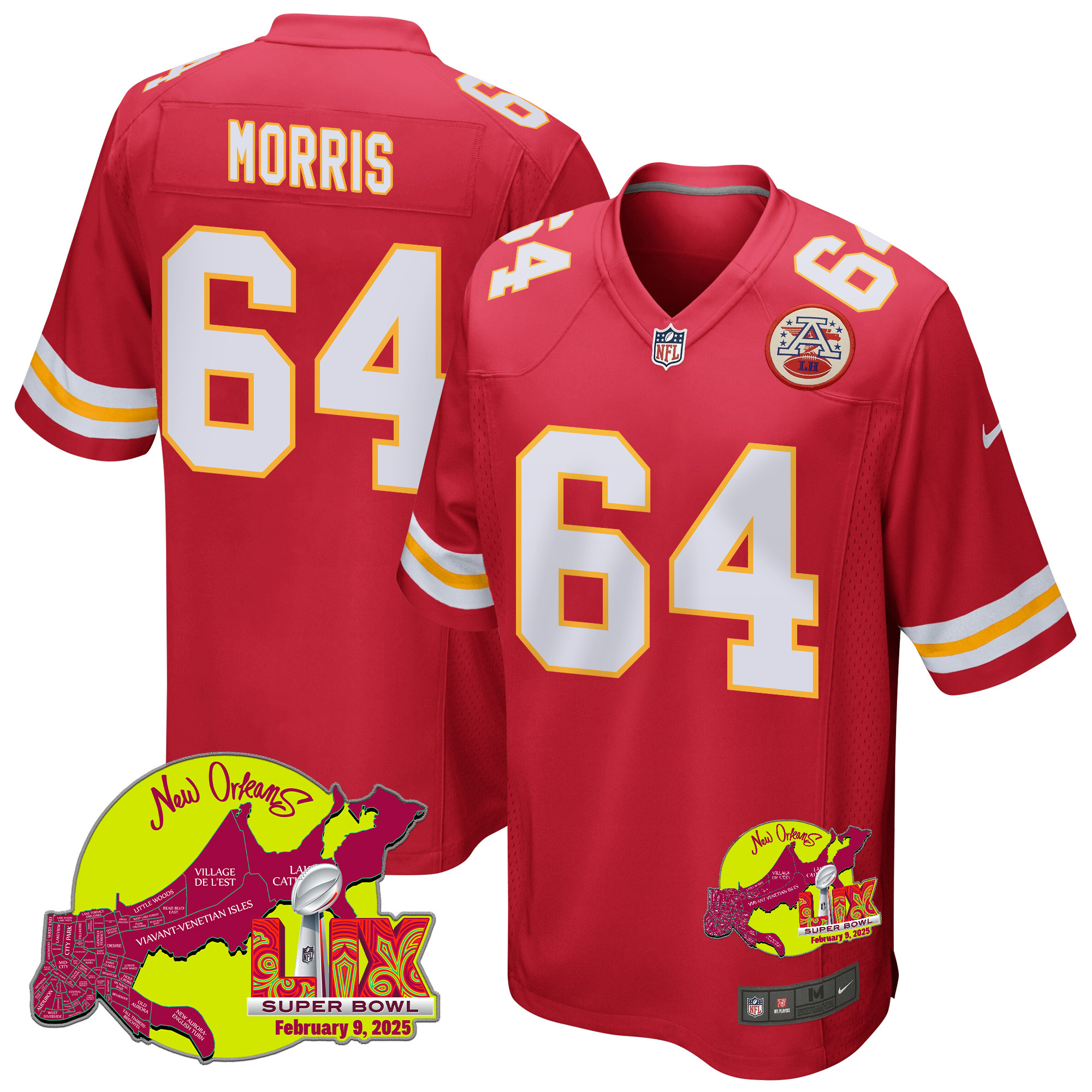 Wanya Morris 64 Kansas City Chiefs Super Bowl LIX New Orleans Patch Game Red NFL Jersey Men's
