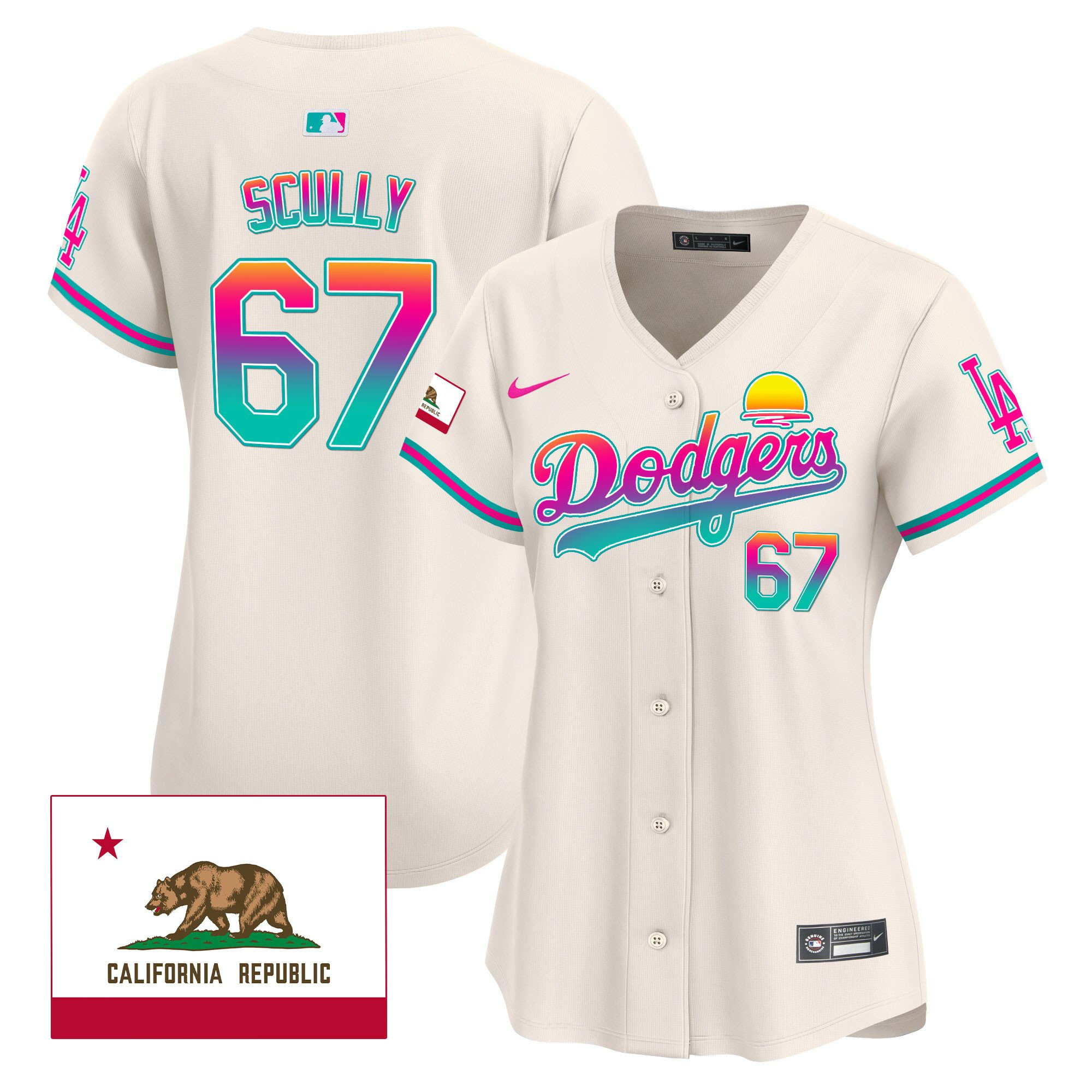 Vin Scully 67 Los Angeles Dodgers 2024 Los Angeles City Style California Republic Patch Cream MLB Jersey Women's