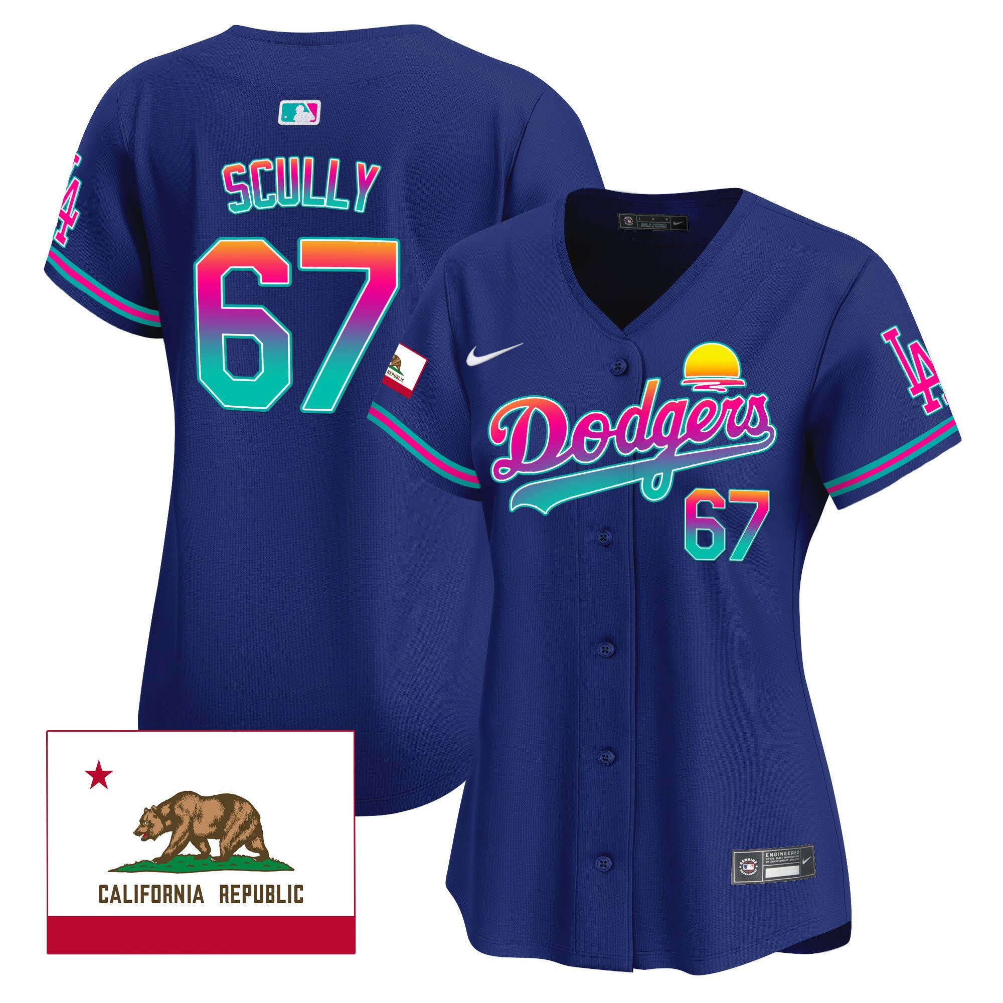Vin Scully 67 Los Angeles Dodgers 2024 Los Angeles City Style California Republic Patch Royal MLB Jersey Women's