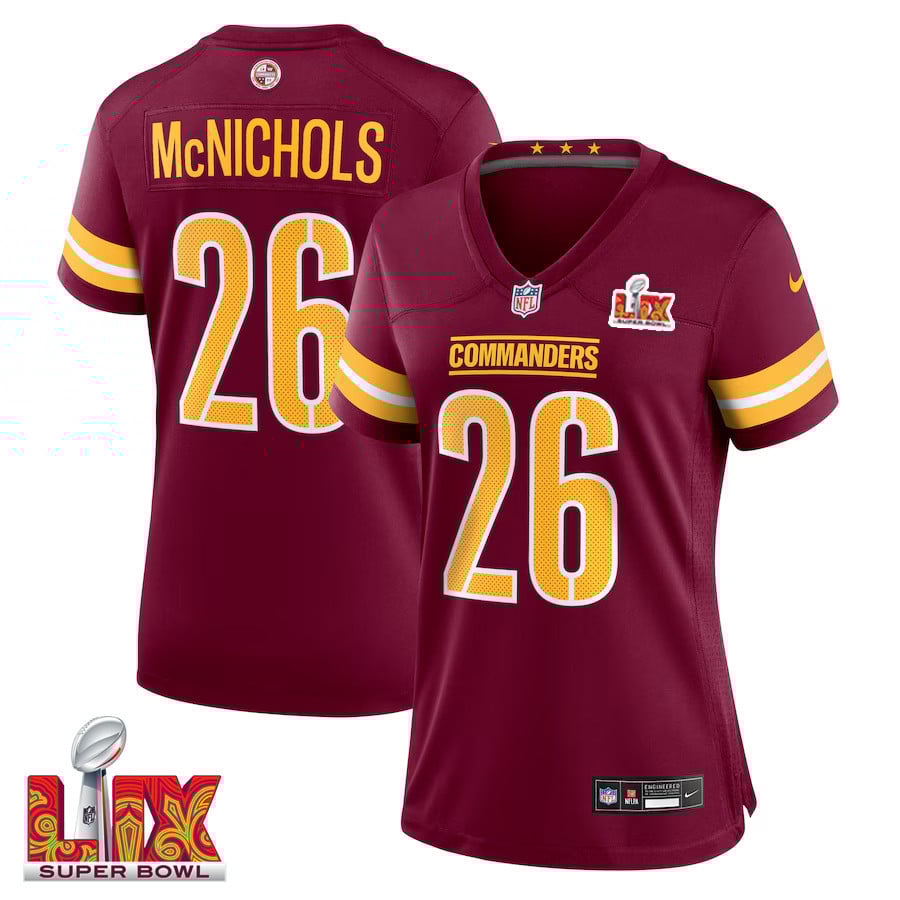 Jeremy McNichols #26 Washington Commanders Super Bowl LIX Burgundy NFL Jersey Women's