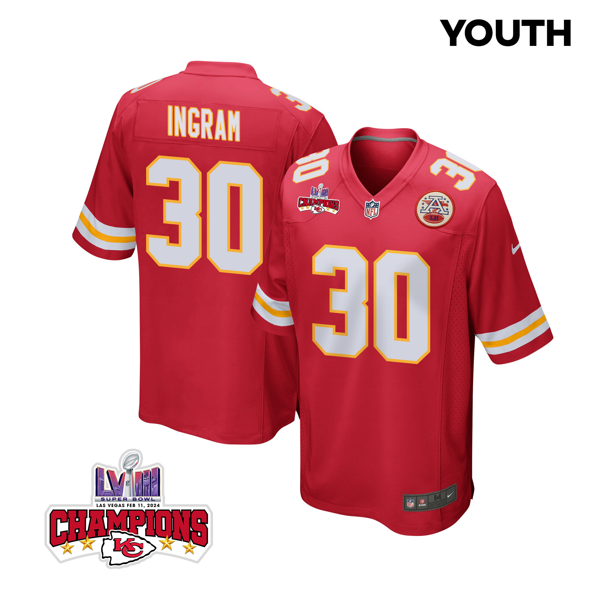 Keaontay Ingram 30 Kansas City Chiefs Super Bowl LVIII Champions 4 Stars Patch Game Red NFL Jersey Youth