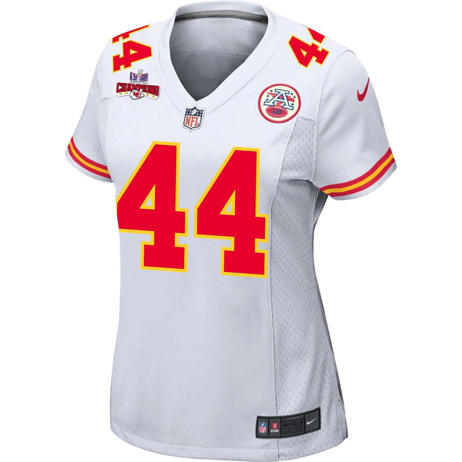 Cam Jones 44 Kansas City Chiefs Super Bowl LVIII Champions 4 Stars Patch Game White NFL Jersey Women's