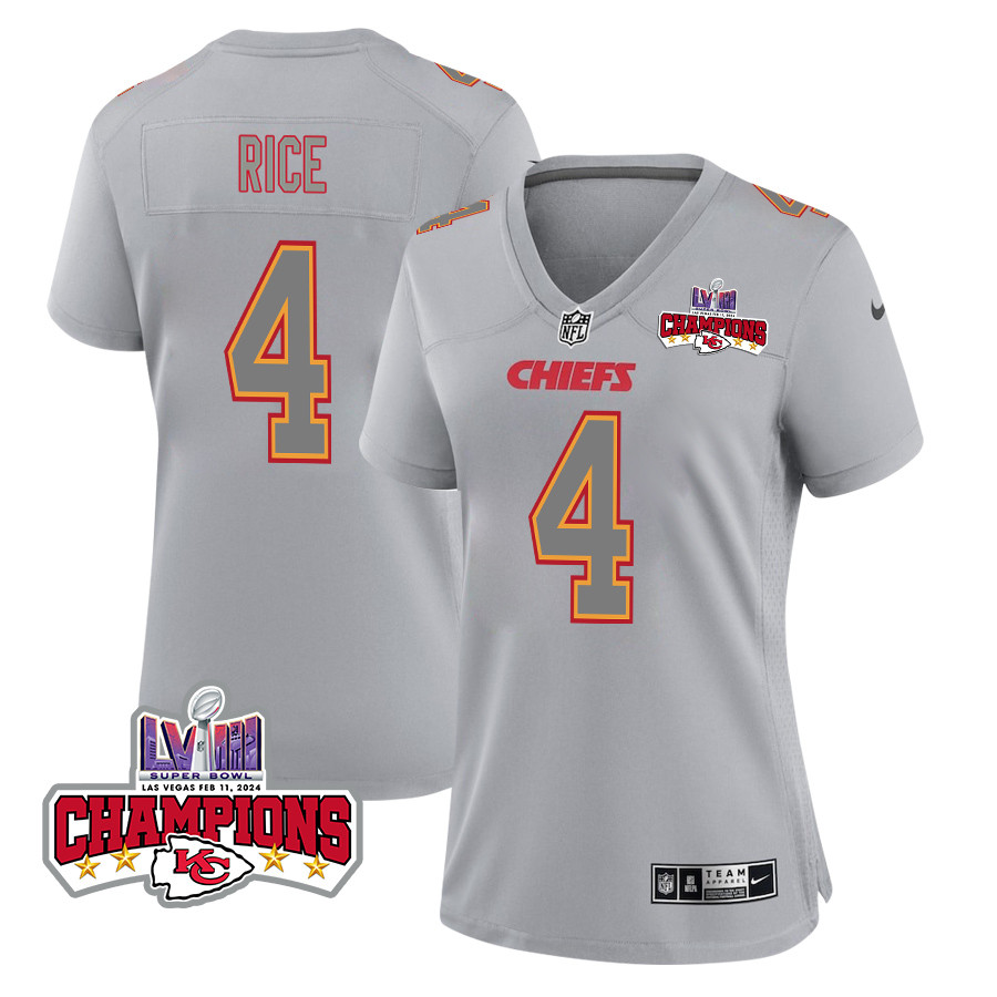 Rashee Rice 4 Kansas City Chiefs Super Bowl LVIII Champions 4 Stars Patch Atmosphere Fashion Game Gray NFL Jersey Women's