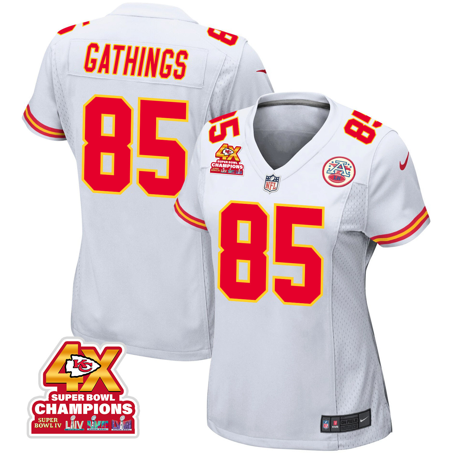 Izaiah Gathings 85 Kansas City Chiefs Super Bowl LVIII Champions 4X Game White NFL Jersey Women's