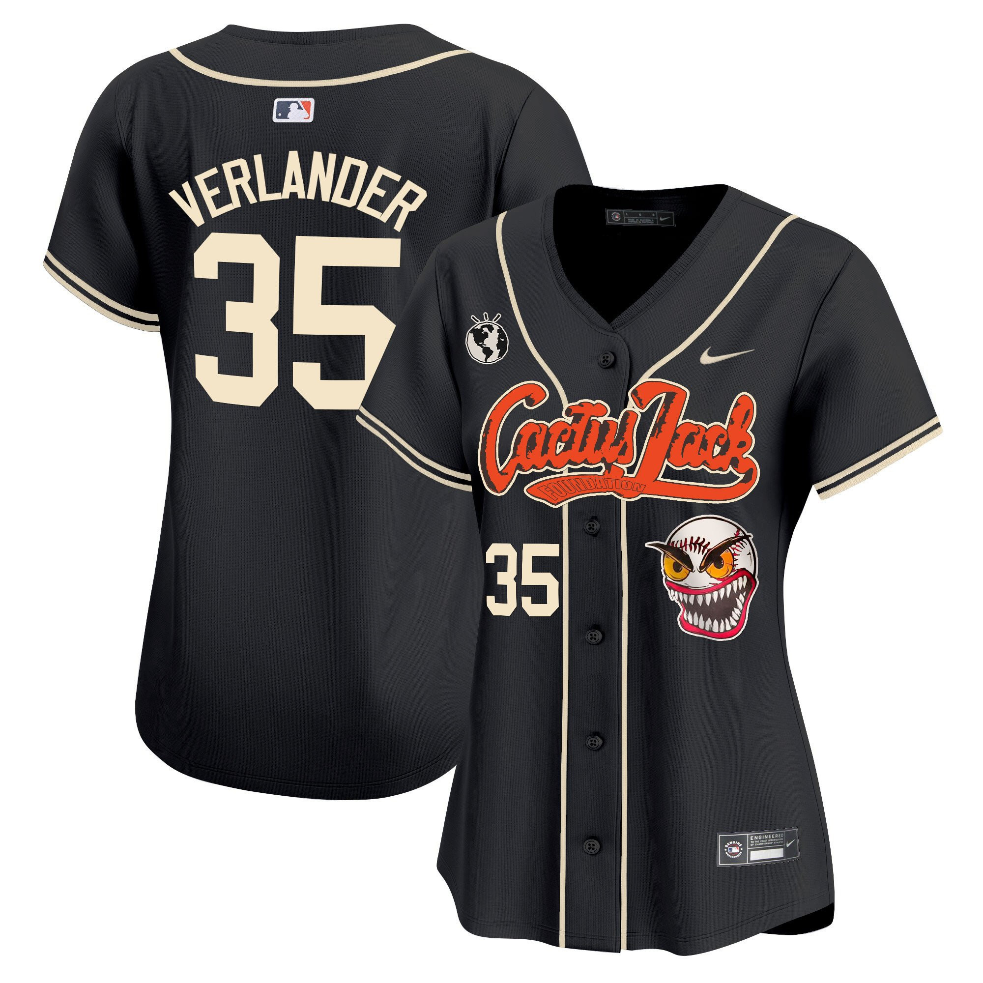 Justin Verlander 35 Houston Astros Cactus Jack Patch Black MLB Jersey Women's