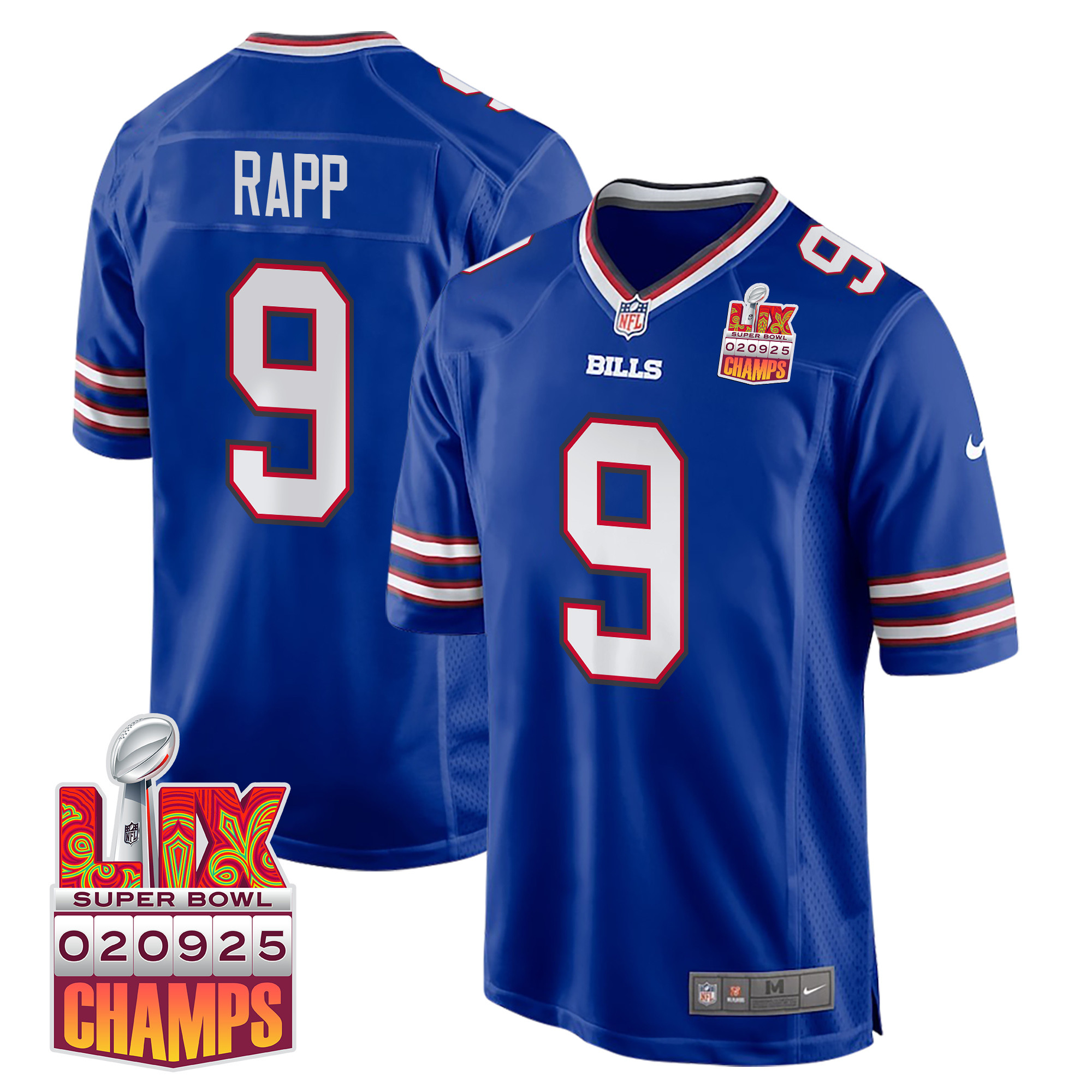Taylor Rapp 9 Buffalo Bills Super Bowl LIX Champions Patch Game Royal NFL Jersey Men's