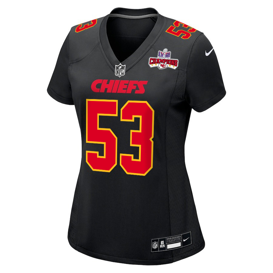 BJ Thompson 53 Kansas City Chiefs Super Bowl LVIII Champions 4 Stars Patch Fashion Game Carbon Black NFL Jersey Women's