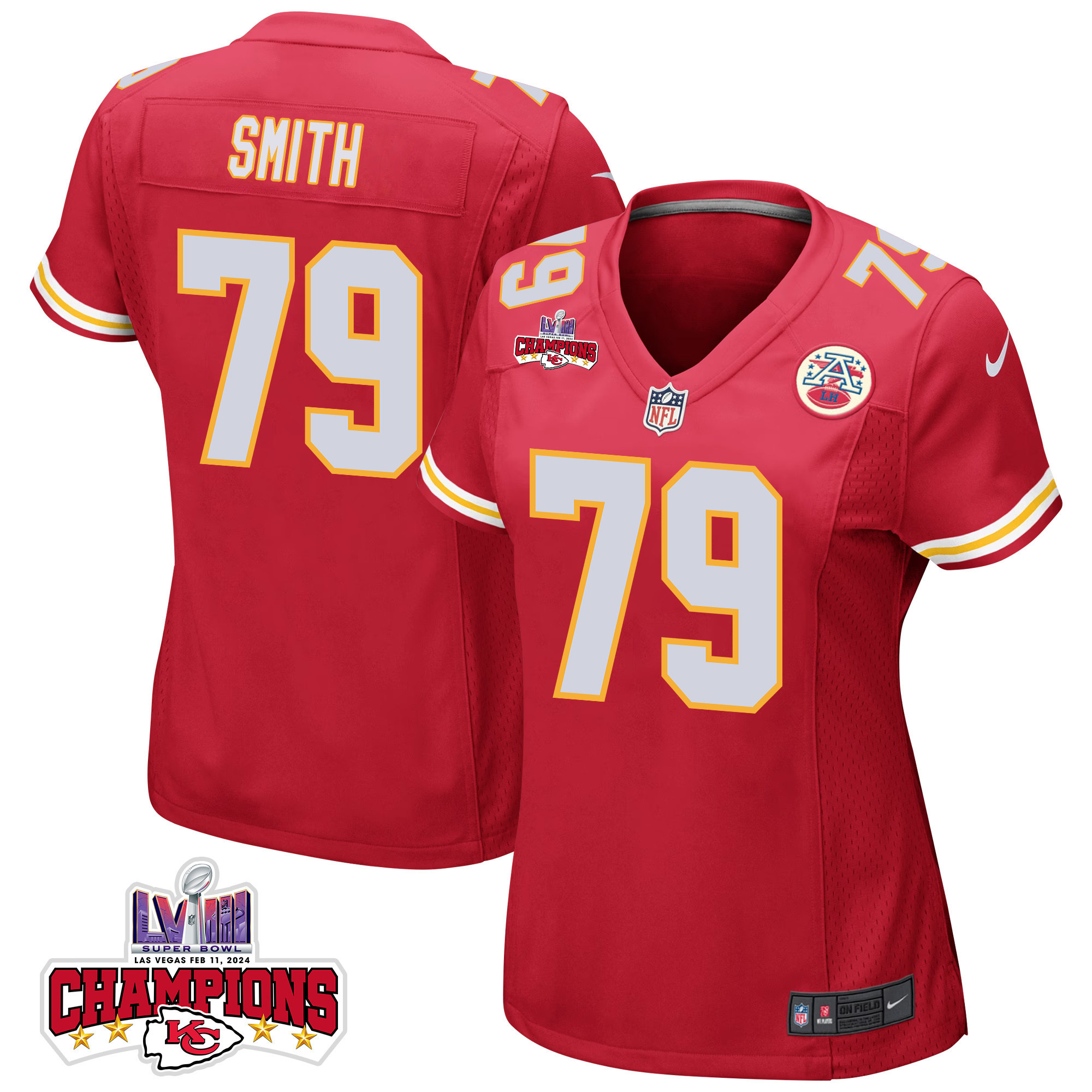 Donovan Smith 79 Kansas City Chiefs Super Bowl LVIII Champions 4 Stars Patch Game Red NFL Jersey Women's