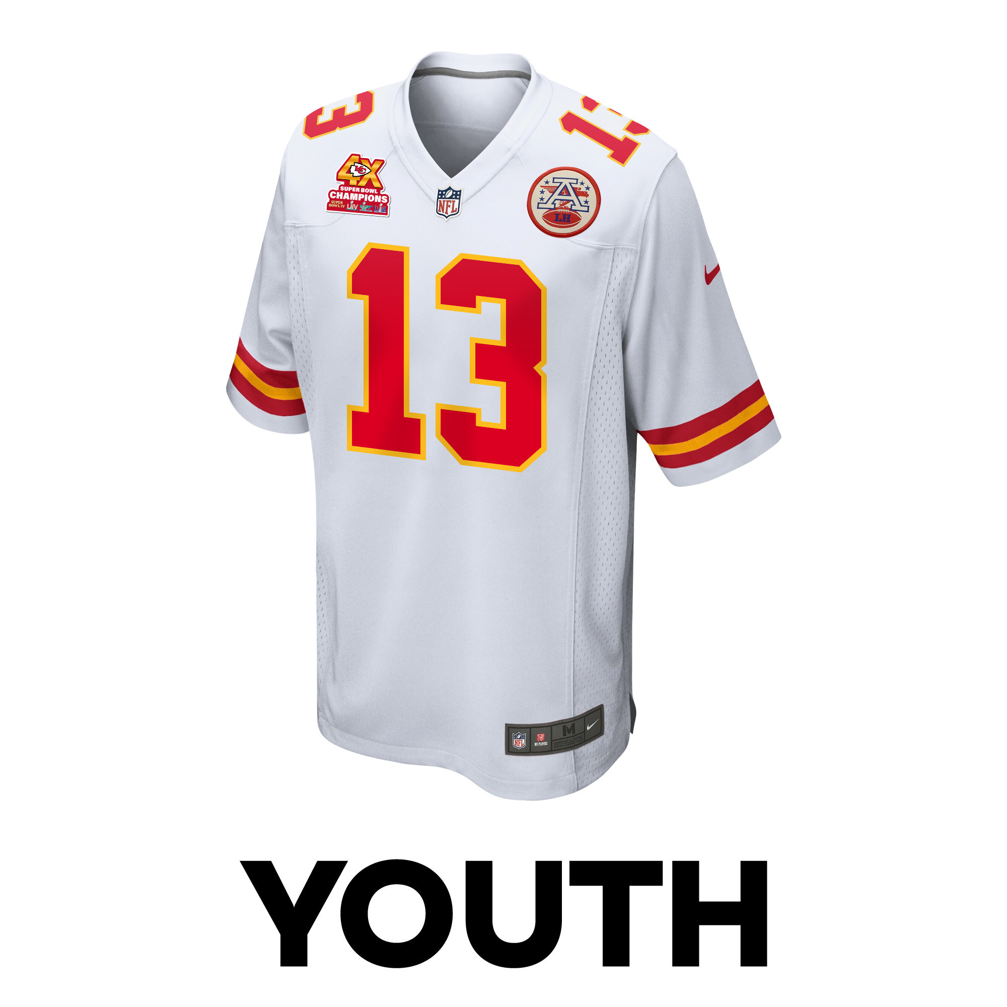 Nazeeh Johnson 13 Kansas City Chiefs Super Bowl LVIII Champions 4X Game White NFL Jersey Youth