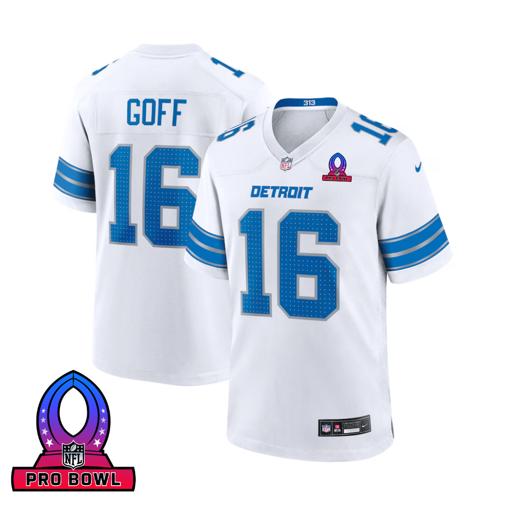 Jared Goff 16 Detroit Lions 2025 Pro Bowl Patch Game White NFL Jersey Men's