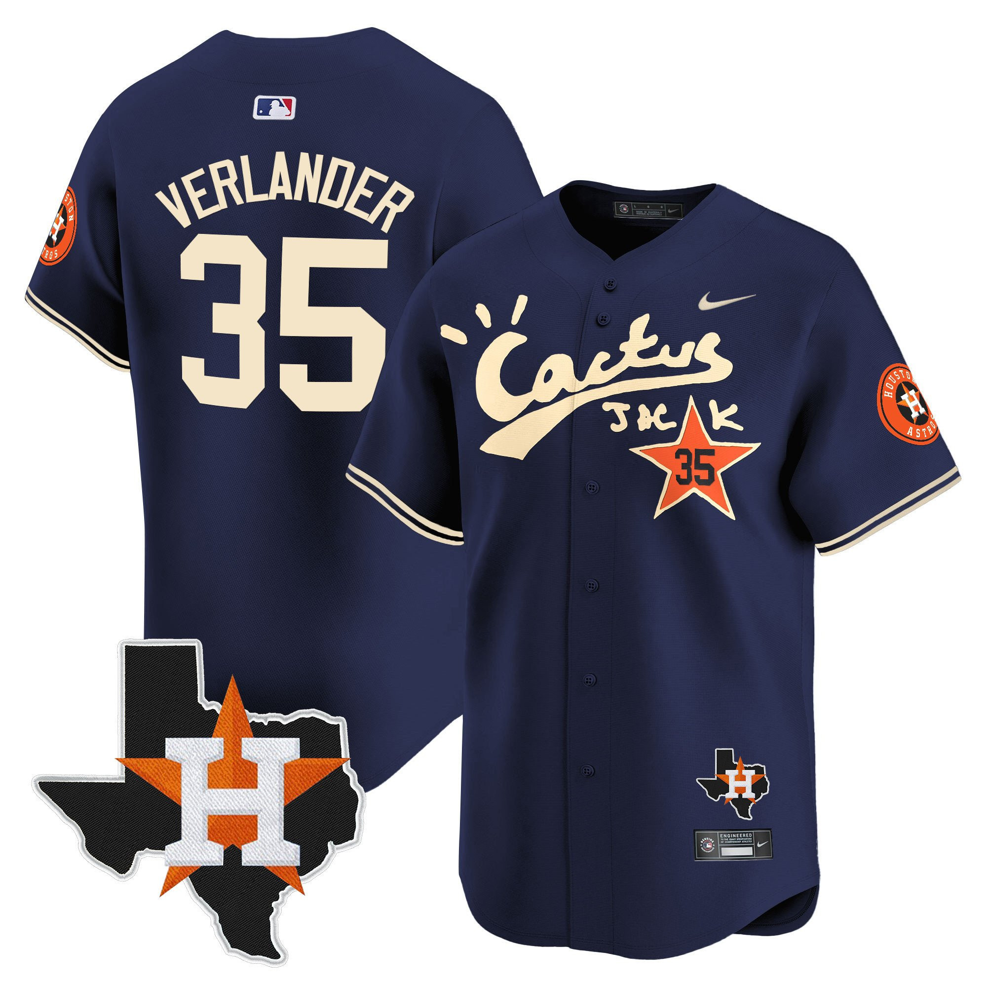 Justin Verlander 35 Houston Astros Cactus Jack Houston Patch Navy Limited Men MLB Jersey Men's