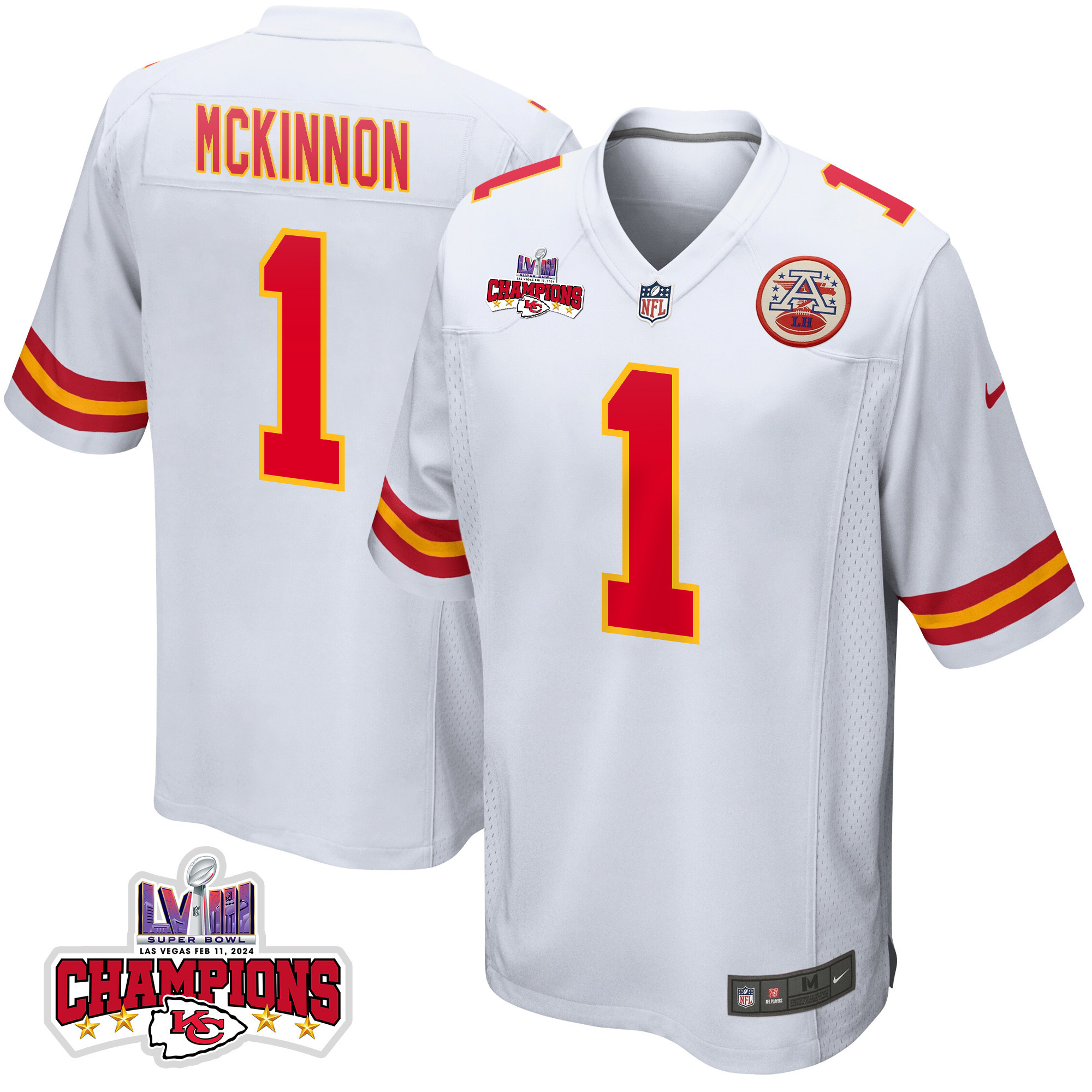 Jerick McKinnon 1 Kansas City Chiefs Super Bowl LVIII Champions 4 Stars Patch Game White NFL Jersey Men's