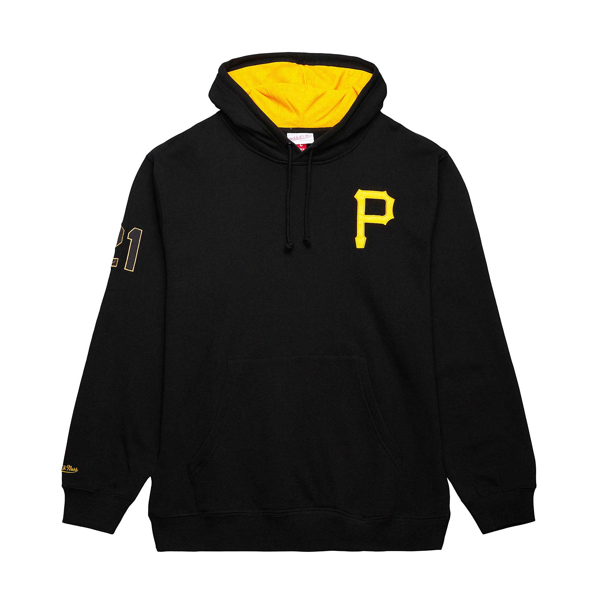 Pittsburgh Pirates Roberto Clemente Mitchell Ness Black Vintage Logo Name Number Pullover Hoodie MLB Jersey Men's