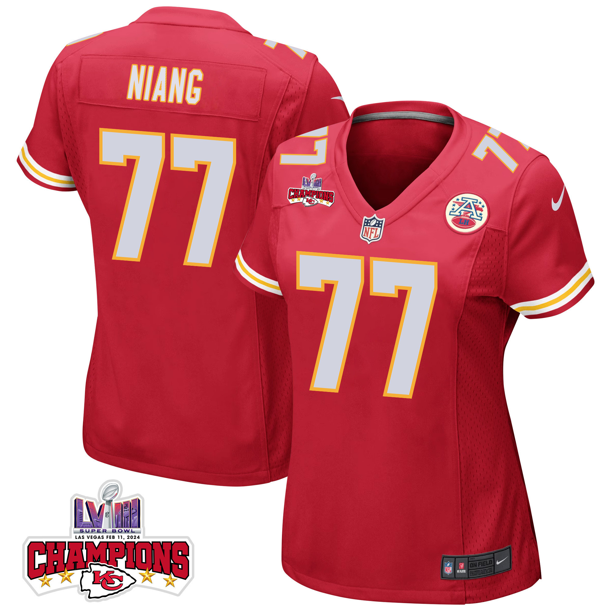 Lucas Niang 77 Kansas City Chiefs Super Bowl LVIII Champions 4 Stars Patch Game Red NFL Jersey Women's