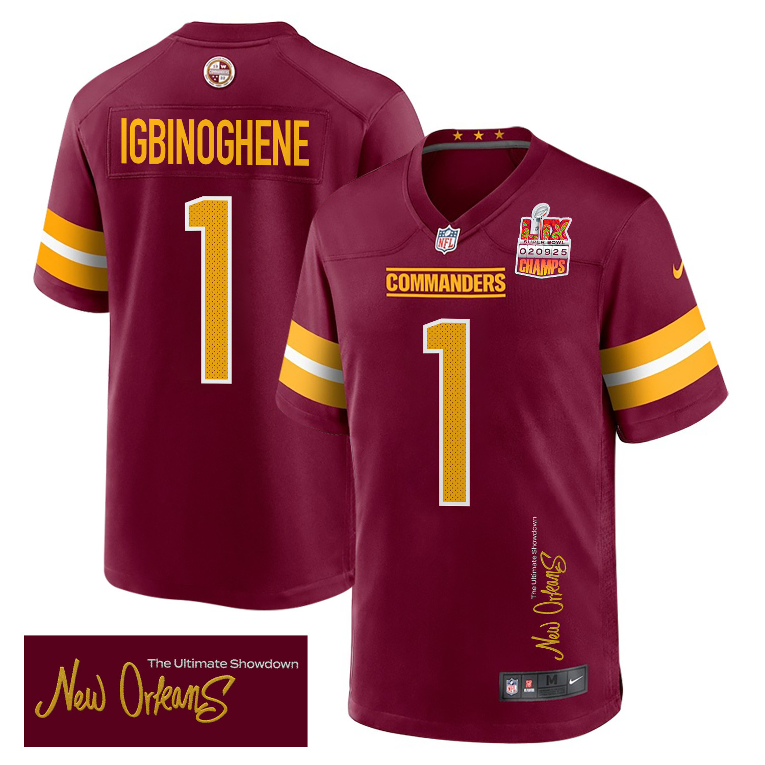 Noah Igbinoghene 1 Washington Commanders Super Bowl LIX Champions Patch New Orleans The Ultimate Showdown' EMBROIDERED Game Burgundy NFL Jersey Men's
