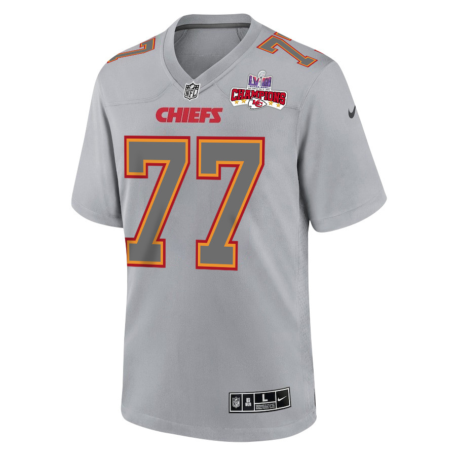 Lucas Niang 77 Kansas City Chiefs Super Bowl LVIII Champions 4 Stars Patch Atmosphere Fashion Game Gray NFL Jersey Men's