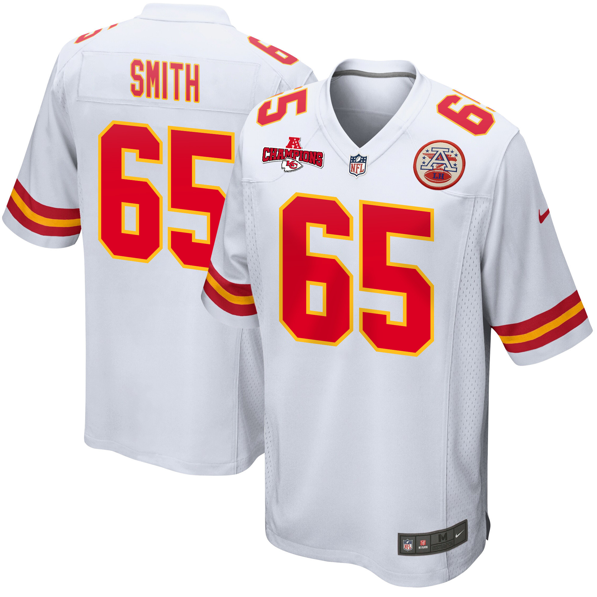 Trey Smith 65 Kansas City Chiefs AFC Champions Patch Game White NFL Jersey Men's