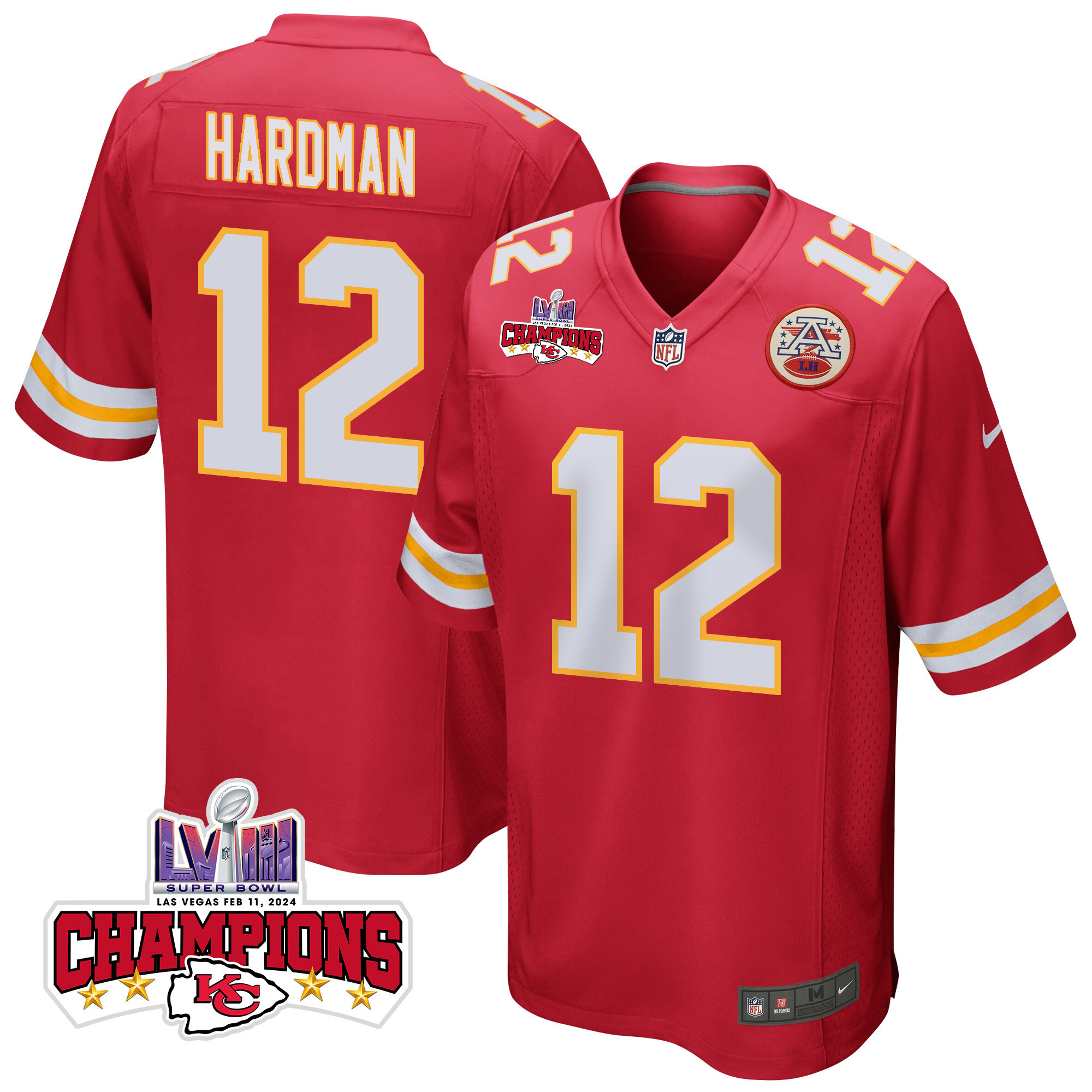 Mecole Hardman 12 Kansas City Chiefs Super Bowl LVIII Champions 4 Stars Patch Game Red NFL Jersey Men's