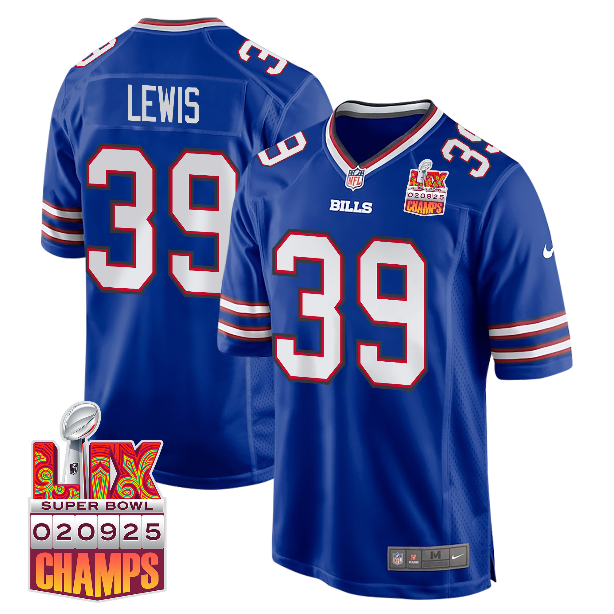 Cam Lewis 39 Buffalo Bills Super Bowl LIX Champions Patch Game Royal NFL Jersey Men's