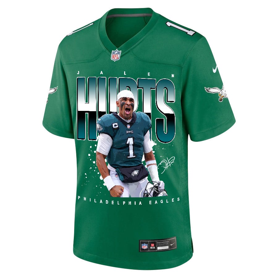 Jalen Hurts 1 Philadelphia Eagles Victory Game Kelly Green NFL Jersey Men's