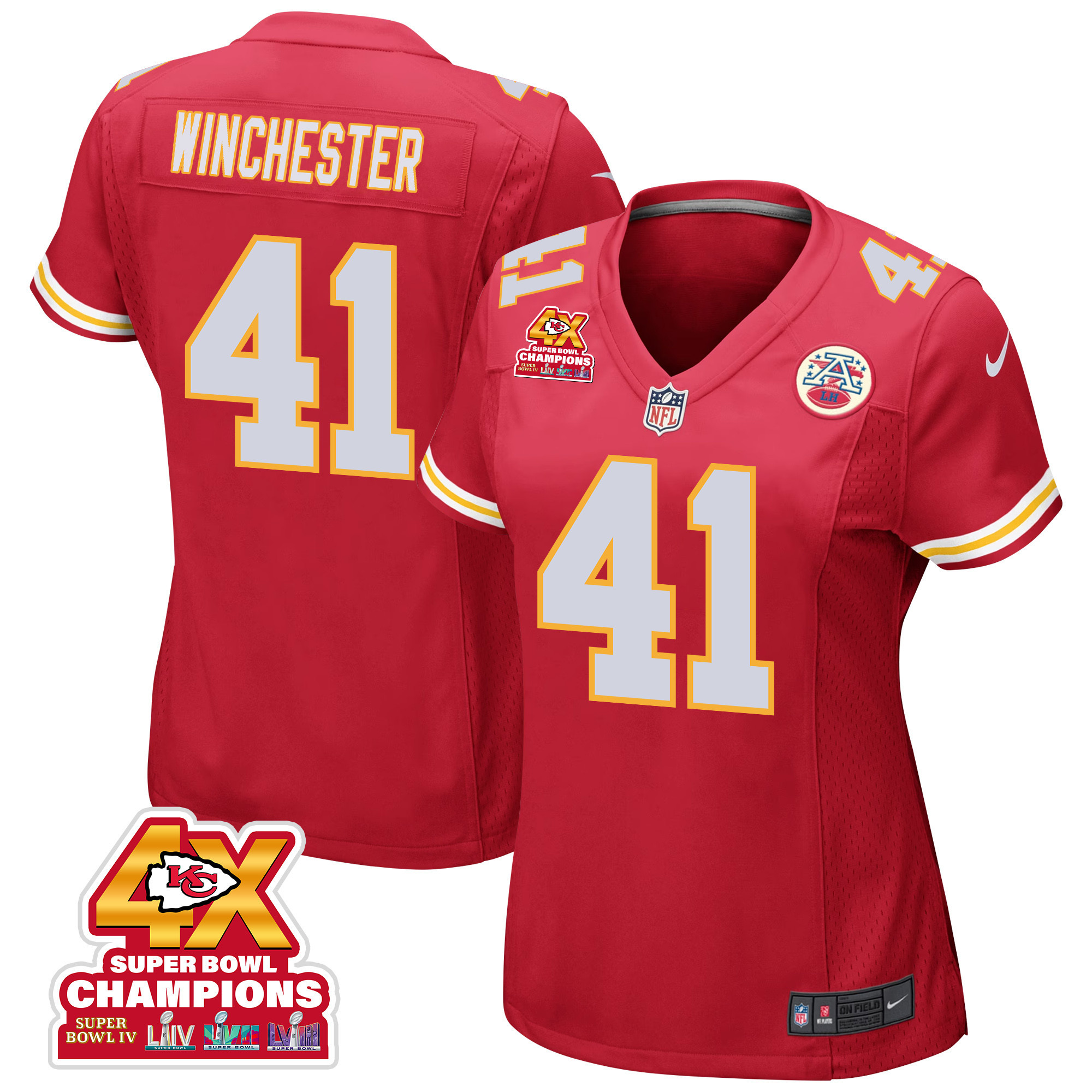 James Winchester 41 Kansas City Chiefs Super Bowl LVIII Champions 4X Game Red NFL Jersey Women's
