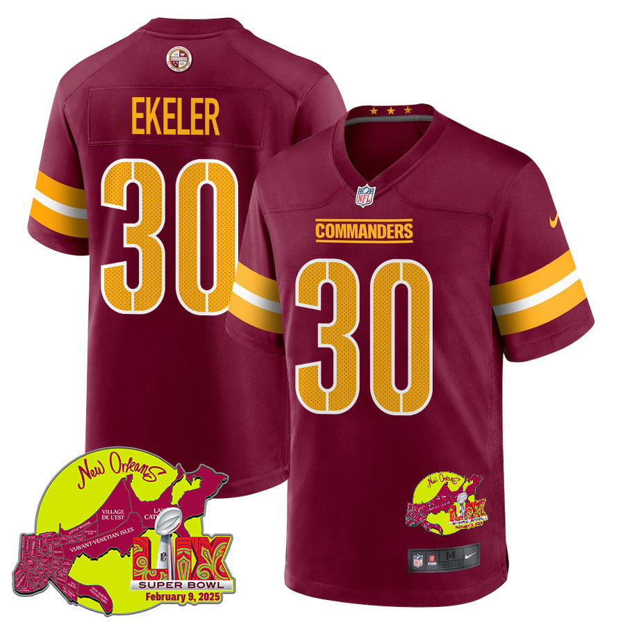 Austin Ekeler 30 Washington Commanders Super Bowl LIX New Orleans Patch Game Burgundy NFL Jersey Men's