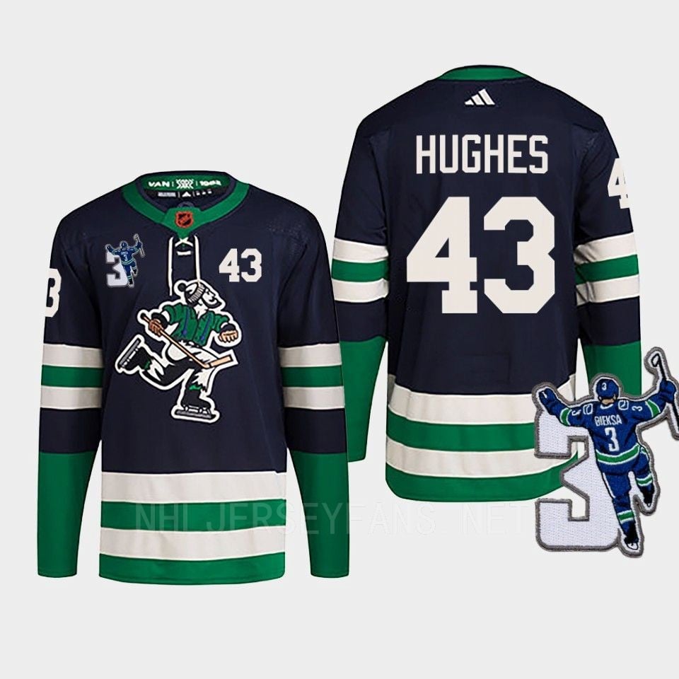 Vancouver Canucks Quinn Hughes 43 Navy Reverse Retro 2.0 Kevin Bieska Patch NHL Jersey Men's