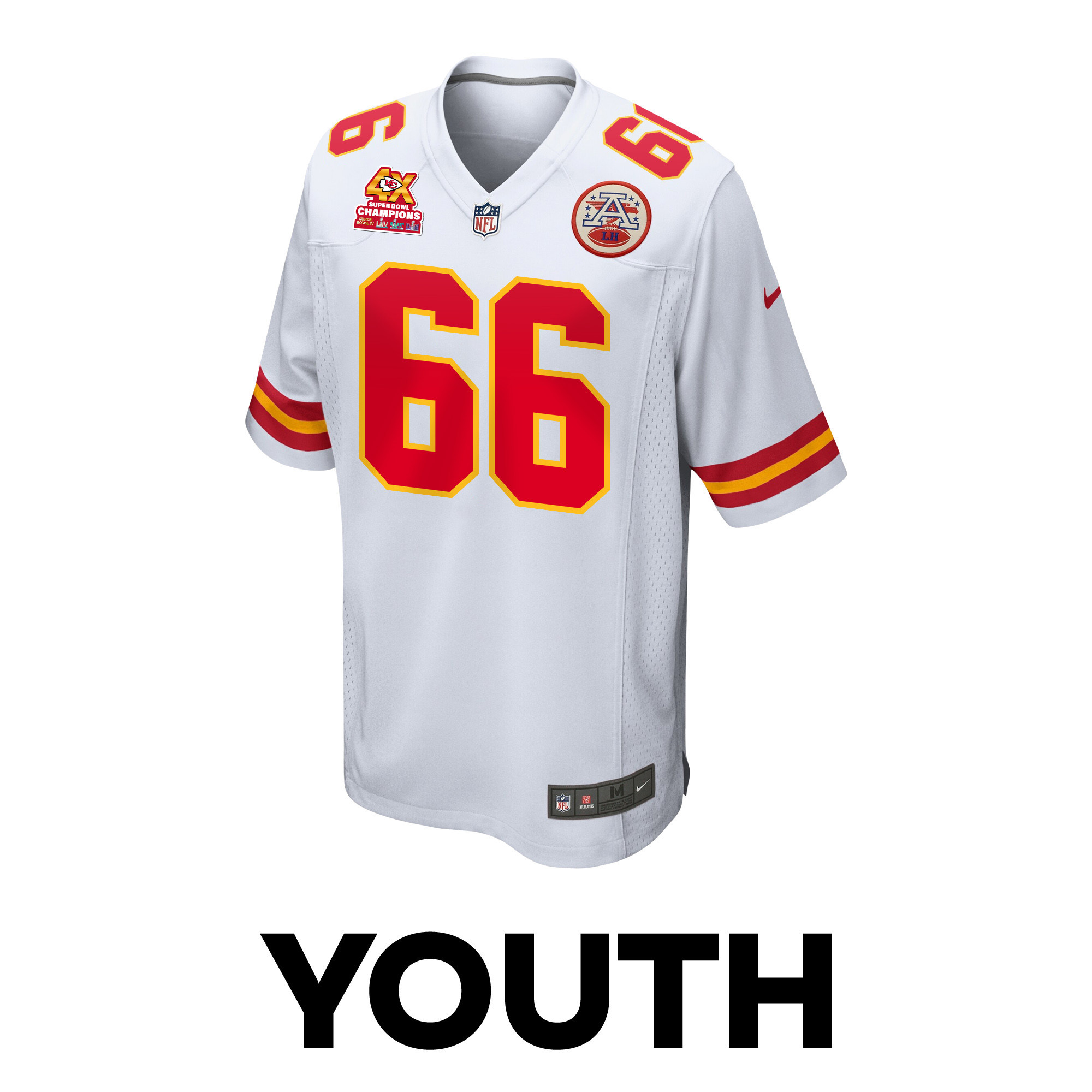 Mike Caliendo 66 Kansas City Chiefs Super Bowl LVIII Champions 4X Game White NFL Jersey Youth