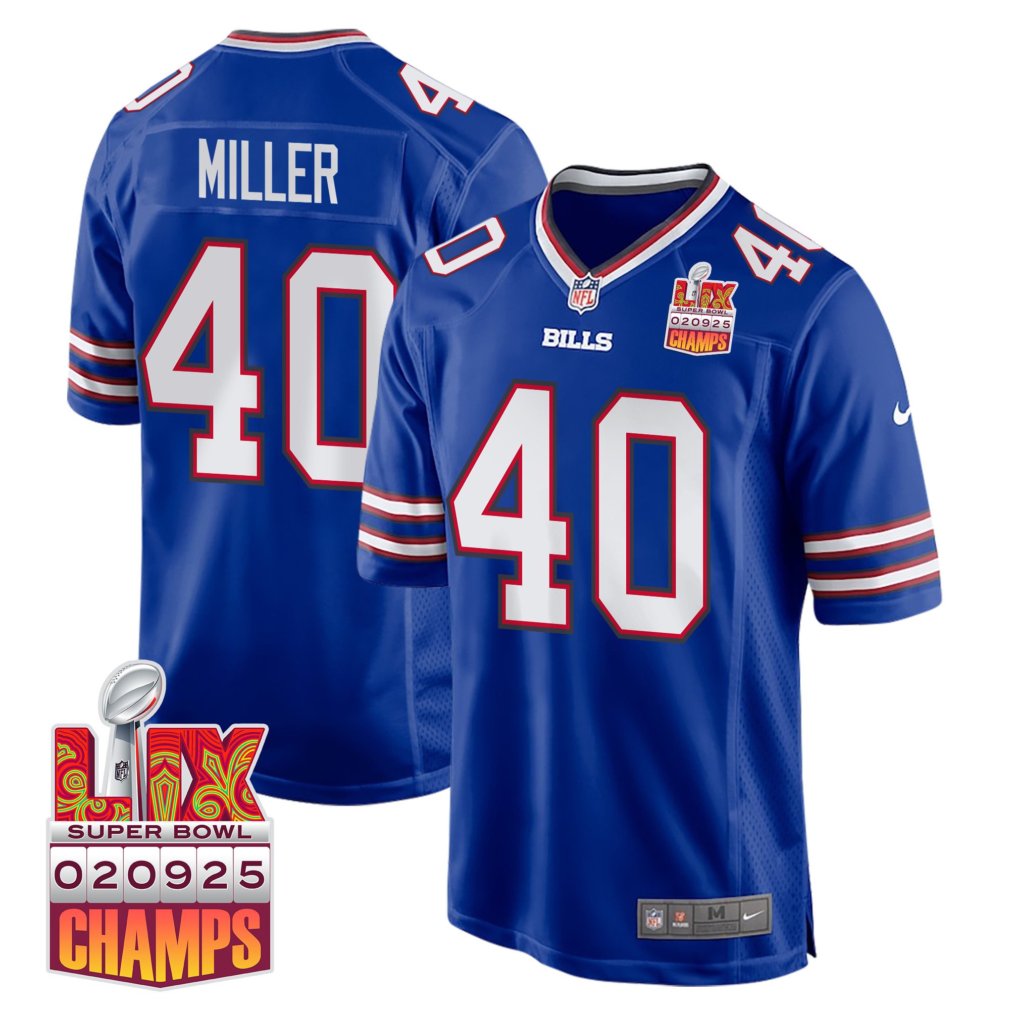 Von Miller 40 Buffalo Bills Super Bowl LIX Champions Patch Game Royal NFL Jersey Men's