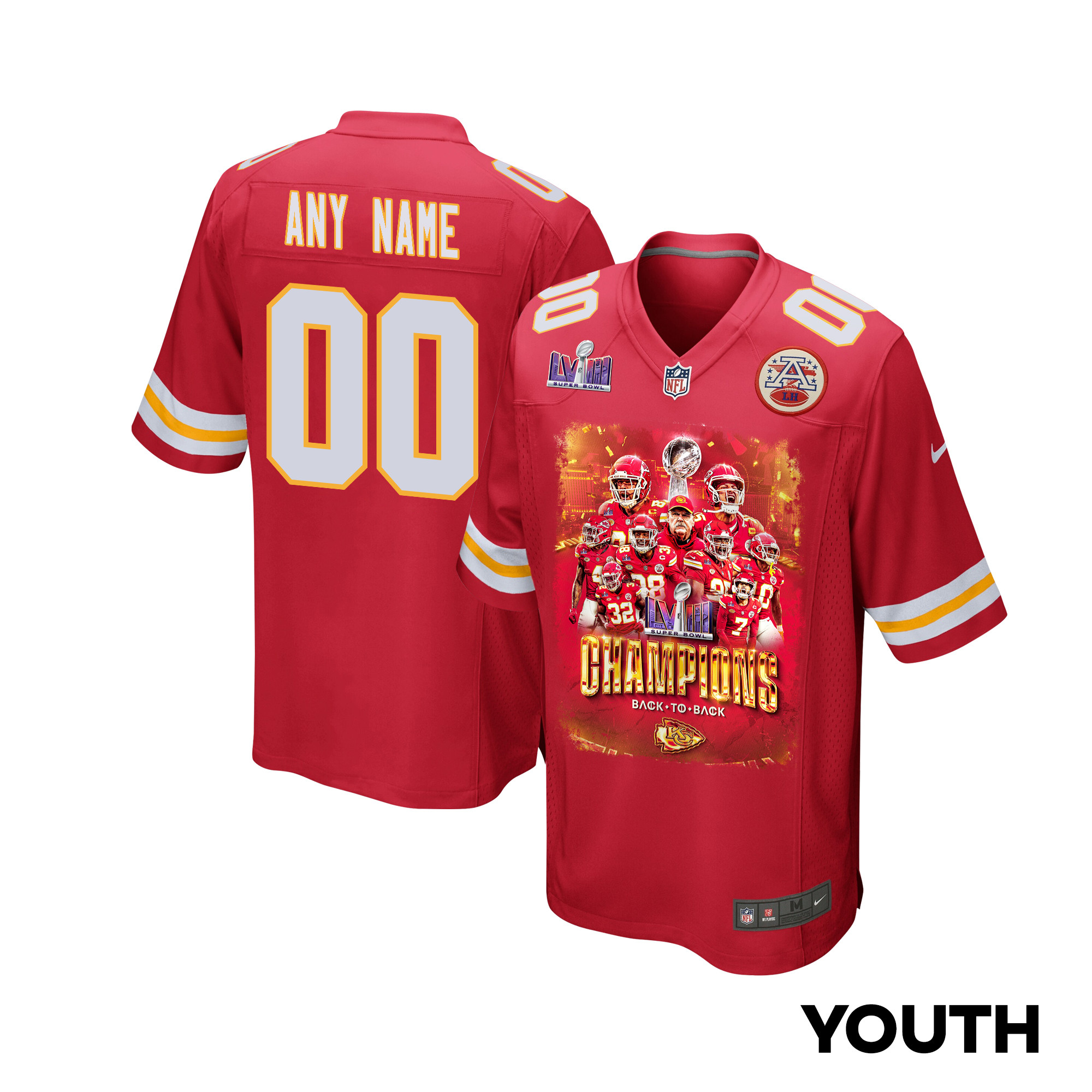 Kansas City Chiefs Super Bowl LVIII Back To Back Game Scarlet NFL Jersey Youth