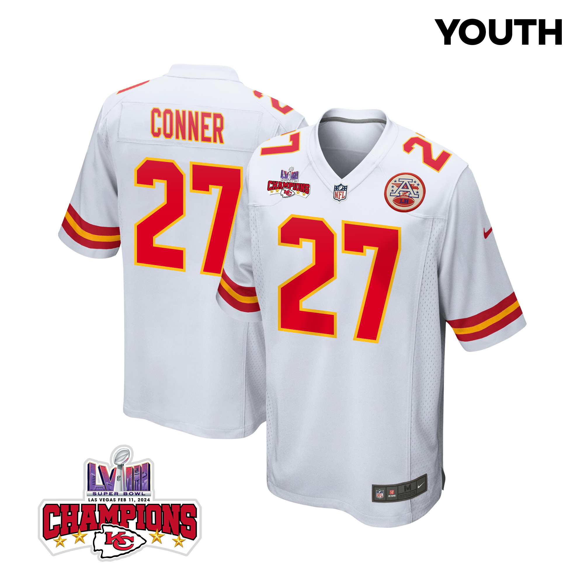 Chamarri Conner 27 Kansas City Chiefs Super Bowl LVIII Champions 4 Stars Patch Game White NFL Jersey Youth