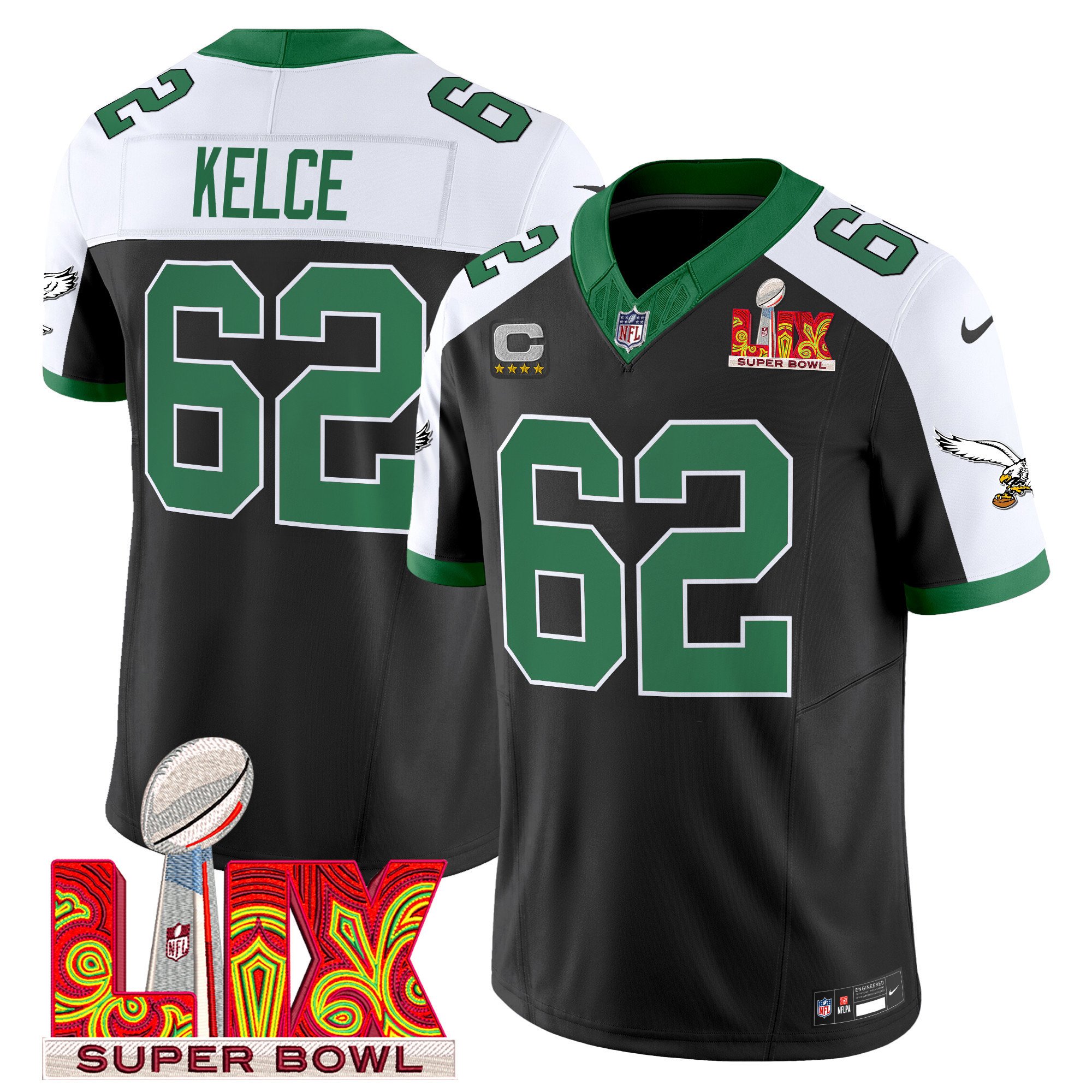 Jason Kelce 62 Philadelphia Eagles Kelly Green Super Bowl Champions LIX Patch Vapor Limited Black Alternate NFL Jersey Men's