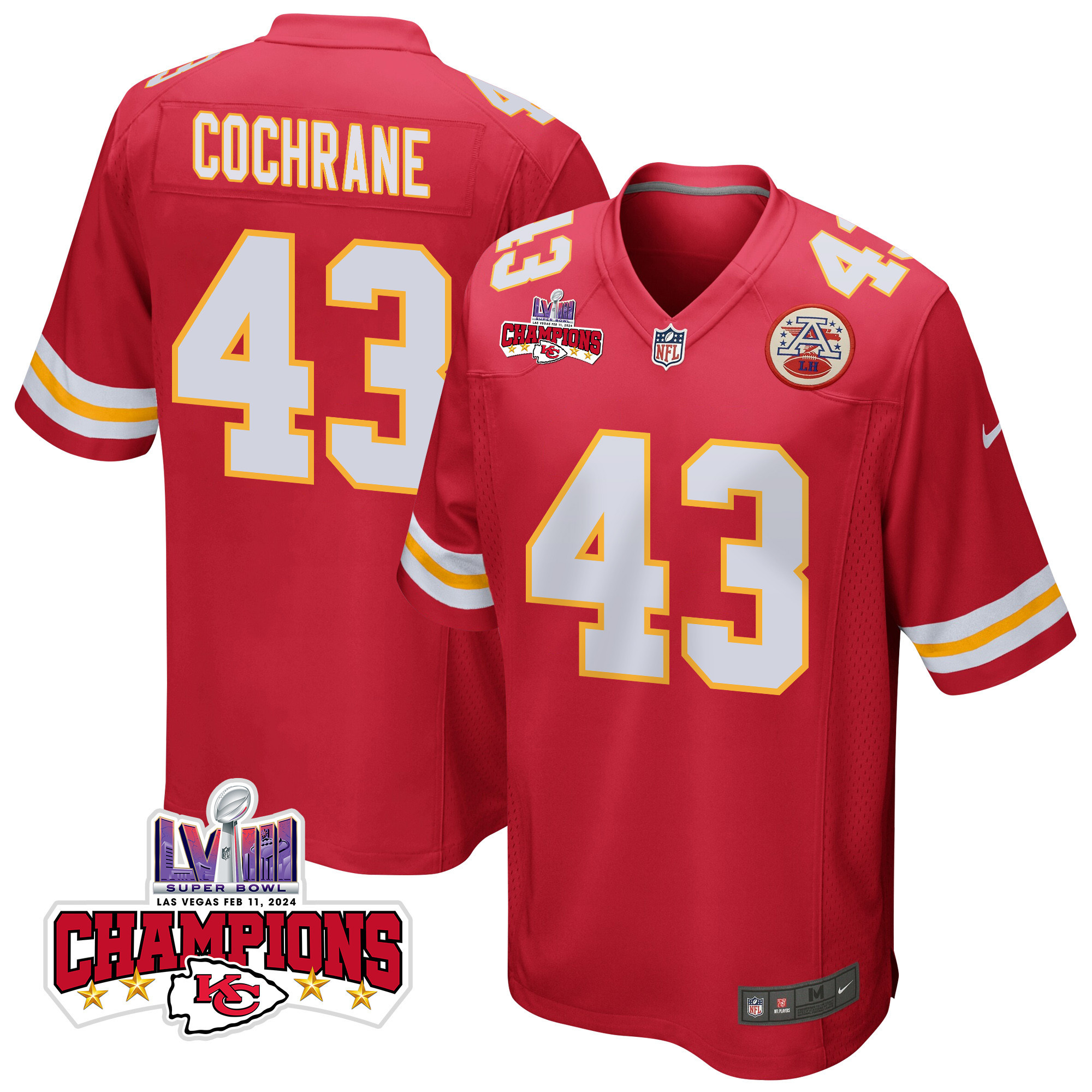 Jack Cochrane 43 Kansas City Chiefs Super Bowl LVIII Champions 4 Stars Patch Game Red NFL Jersey Men's
