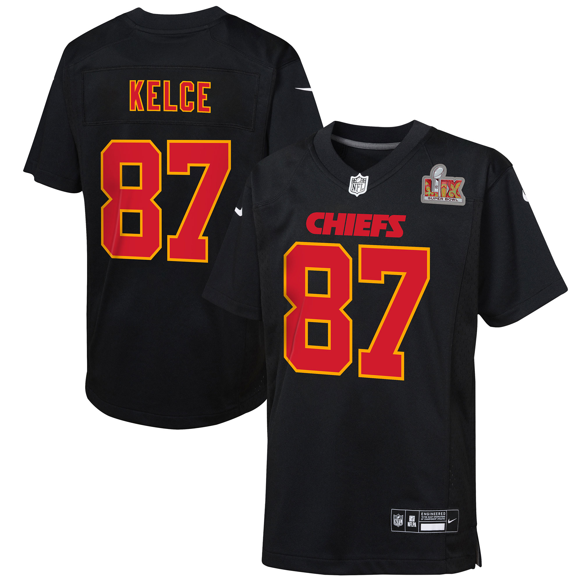 Kansas City Chiefs Travis Kelce Carbon Black Super Bowl LIX Patch Fashion Game NFL Jersey Youth