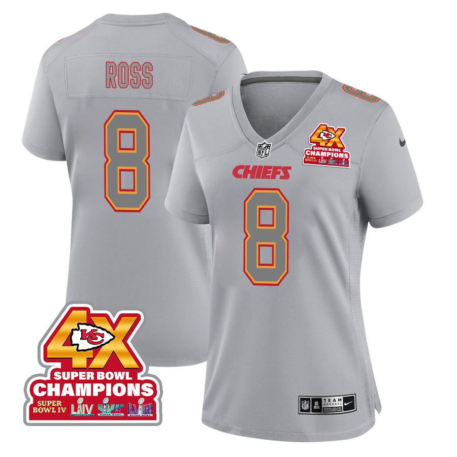 Justyn Ross 8 Kansas City Chiefs Super Bowl LVIII Champions 4X Atmosphere Fashion Game Gray NFL Jersey Women's