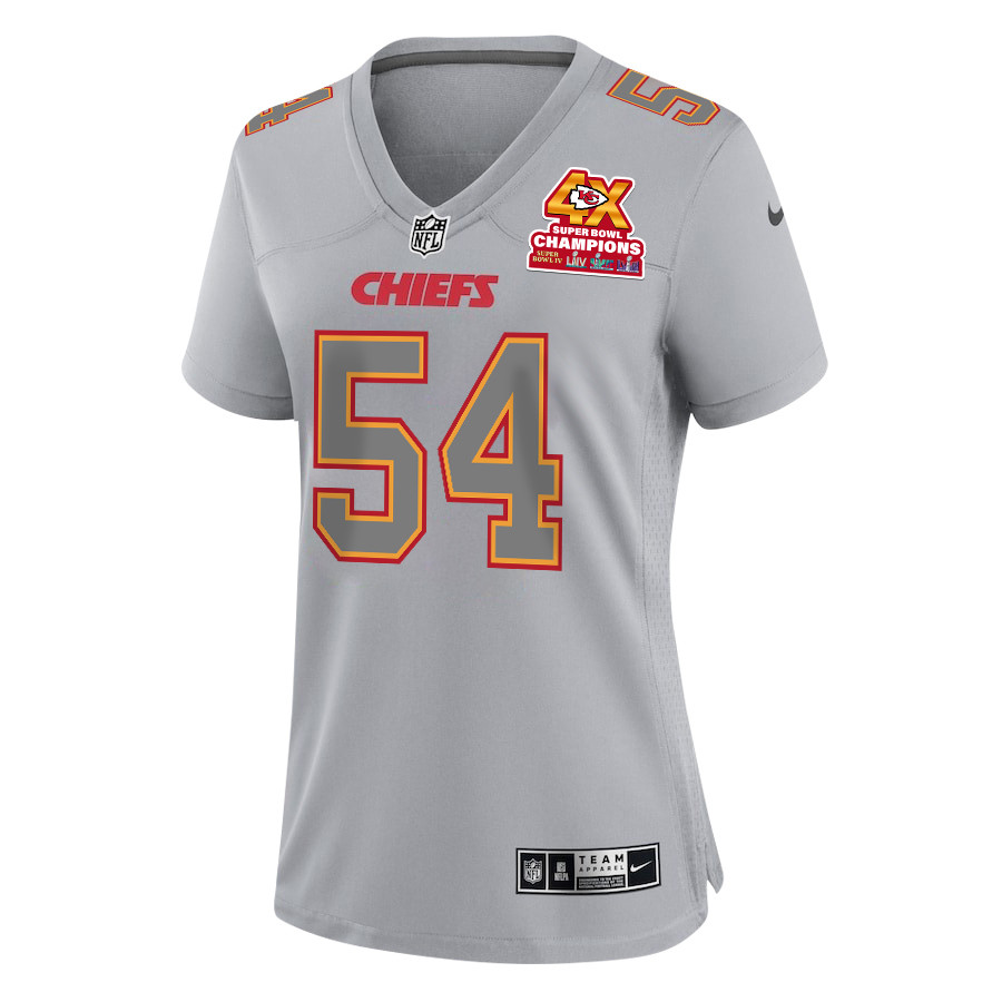 Leo Chenal 54 Kansas City Chiefs Super Bowl LVIII Champions 4X Atmosphere Fashion Game Gray NFL Jersey Women's