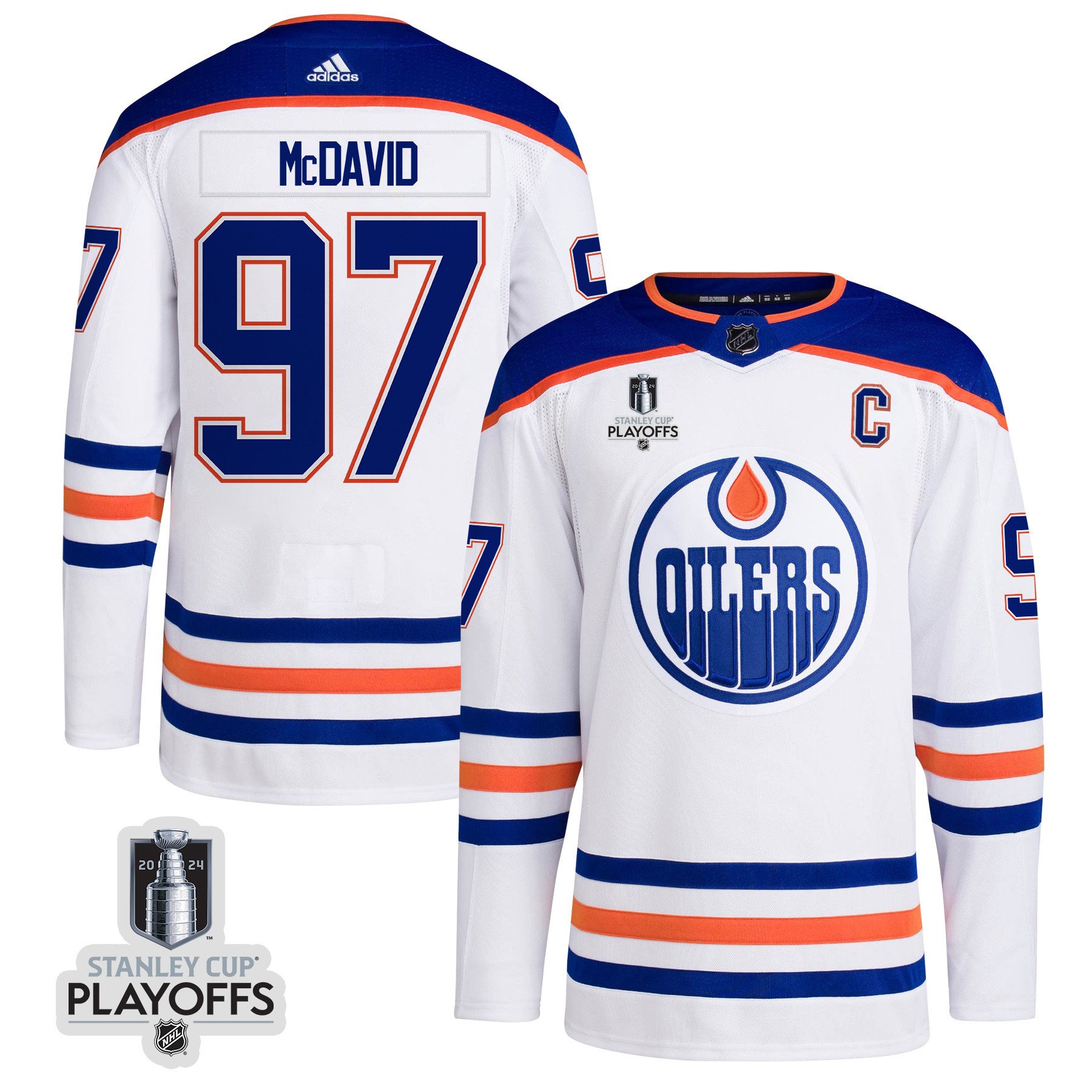 Connor McDavid 97 Edmonton Oilers 2024 Playoffs Patch Away White NHL Jersey Men's