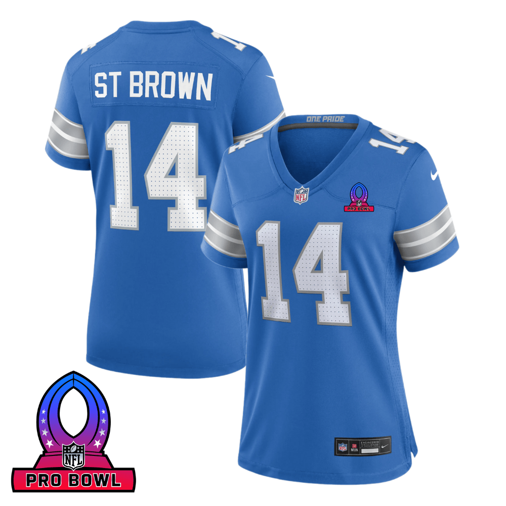 Amon-Ra St. Brown 14 Detroit Lions 2025 Pro Bowl Patch Game Blue NFL Jersey Women's