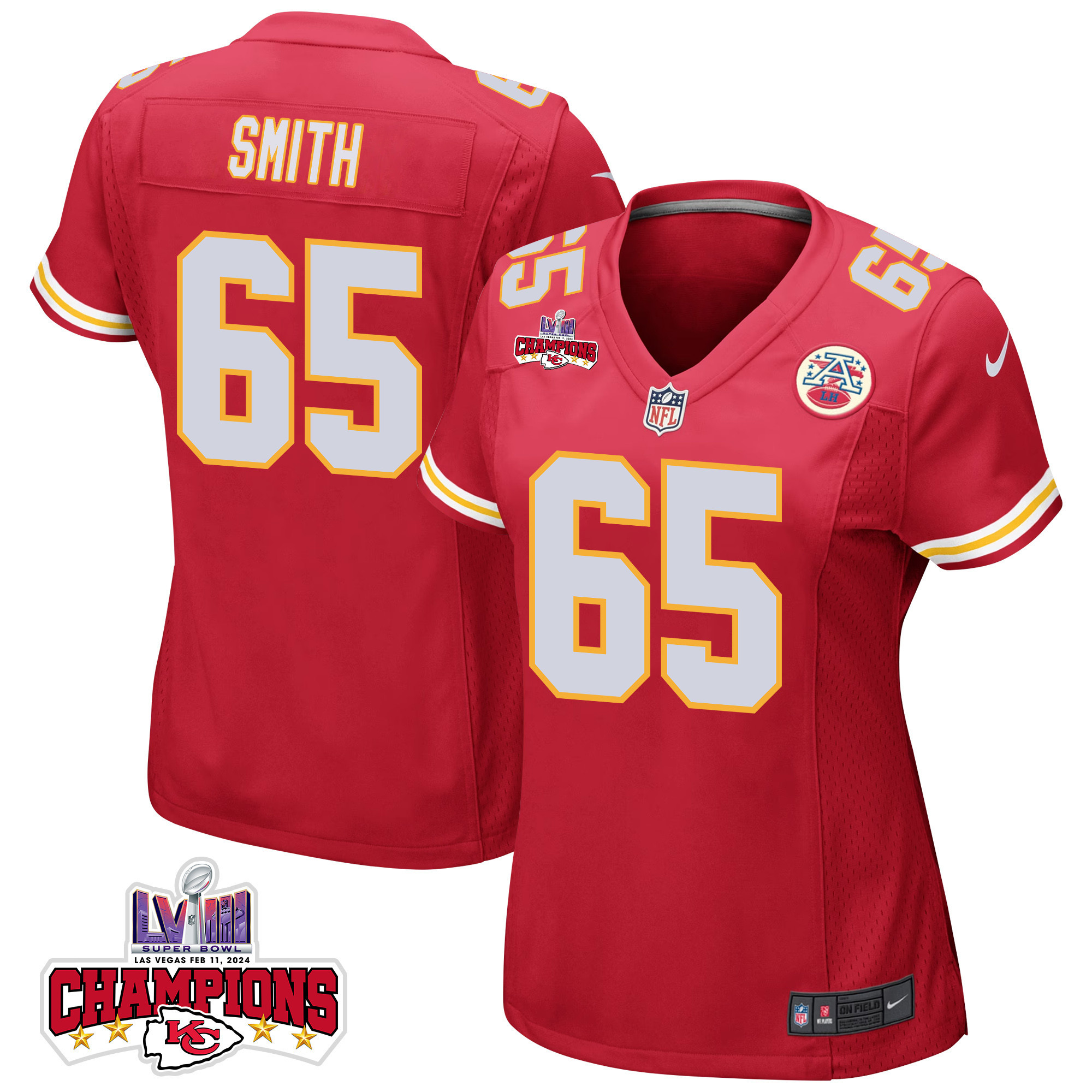 Trey Smith 65 Kansas City Chiefs Super Bowl LVIII Champions 4 Stars Patch Game Red NFL Jersey Women's