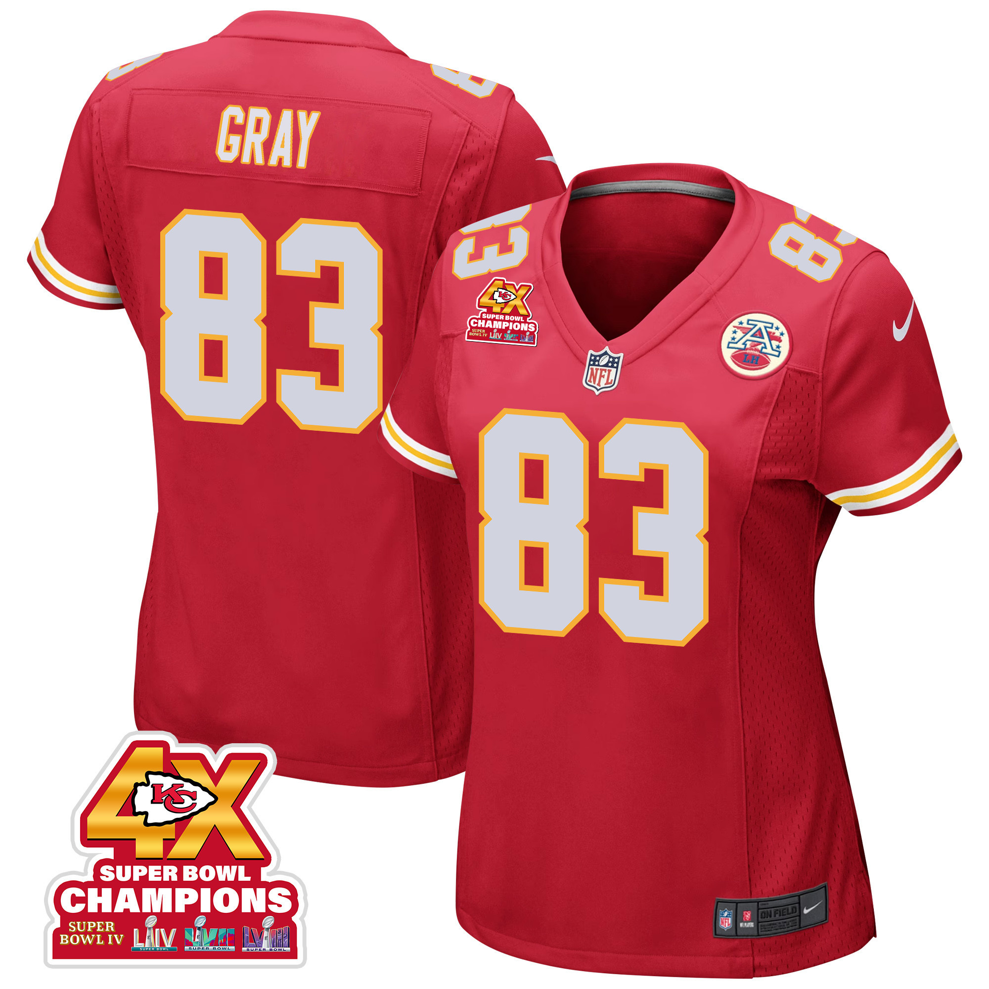 Noah Gray 83 Kansas City Chiefs Super Bowl LVIII Champions 4X Game Red NFL Jersey Women's