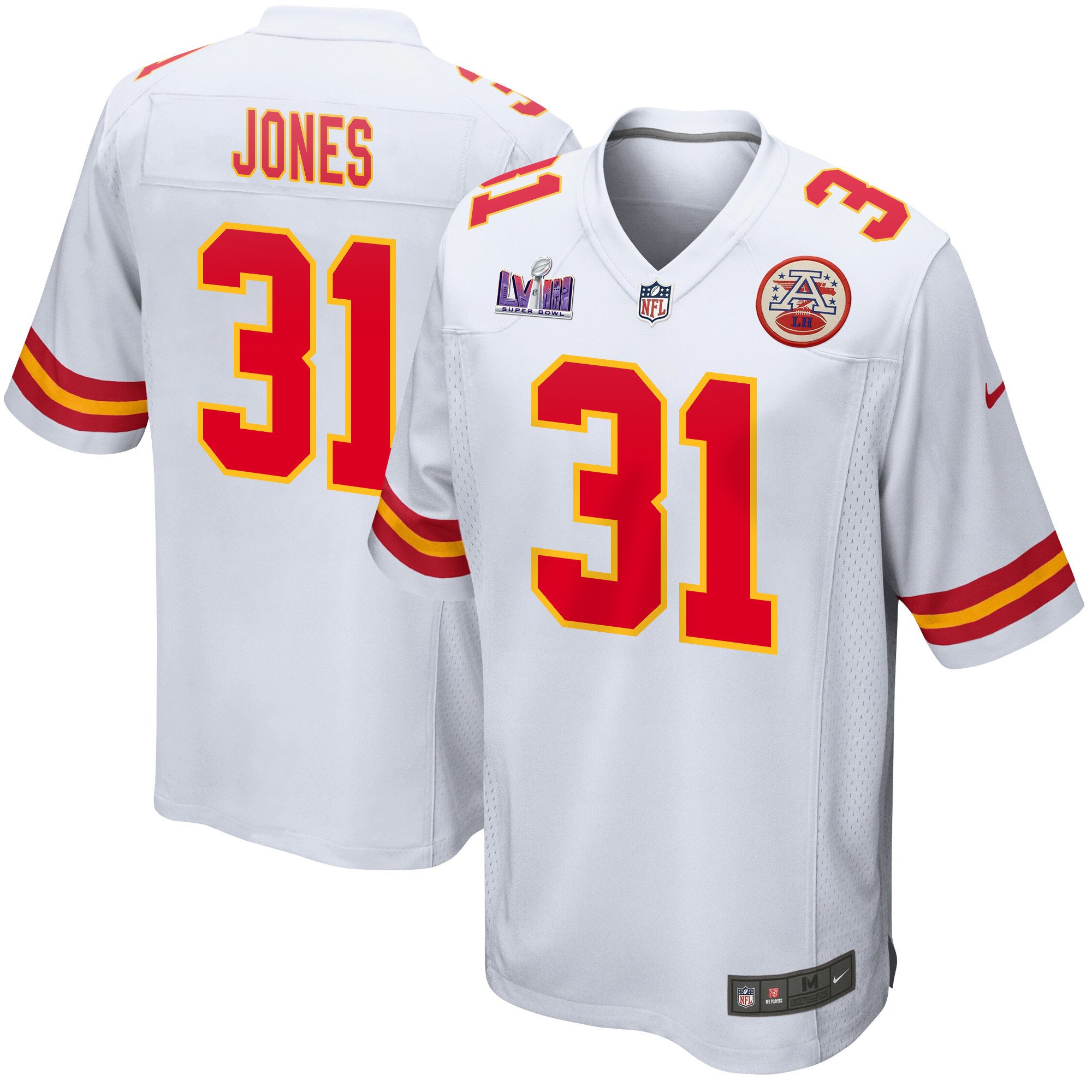 Nic Jones 31 Kansas City Chiefs Super Bowl LVIII Patch Game White NFL Jersey Men's