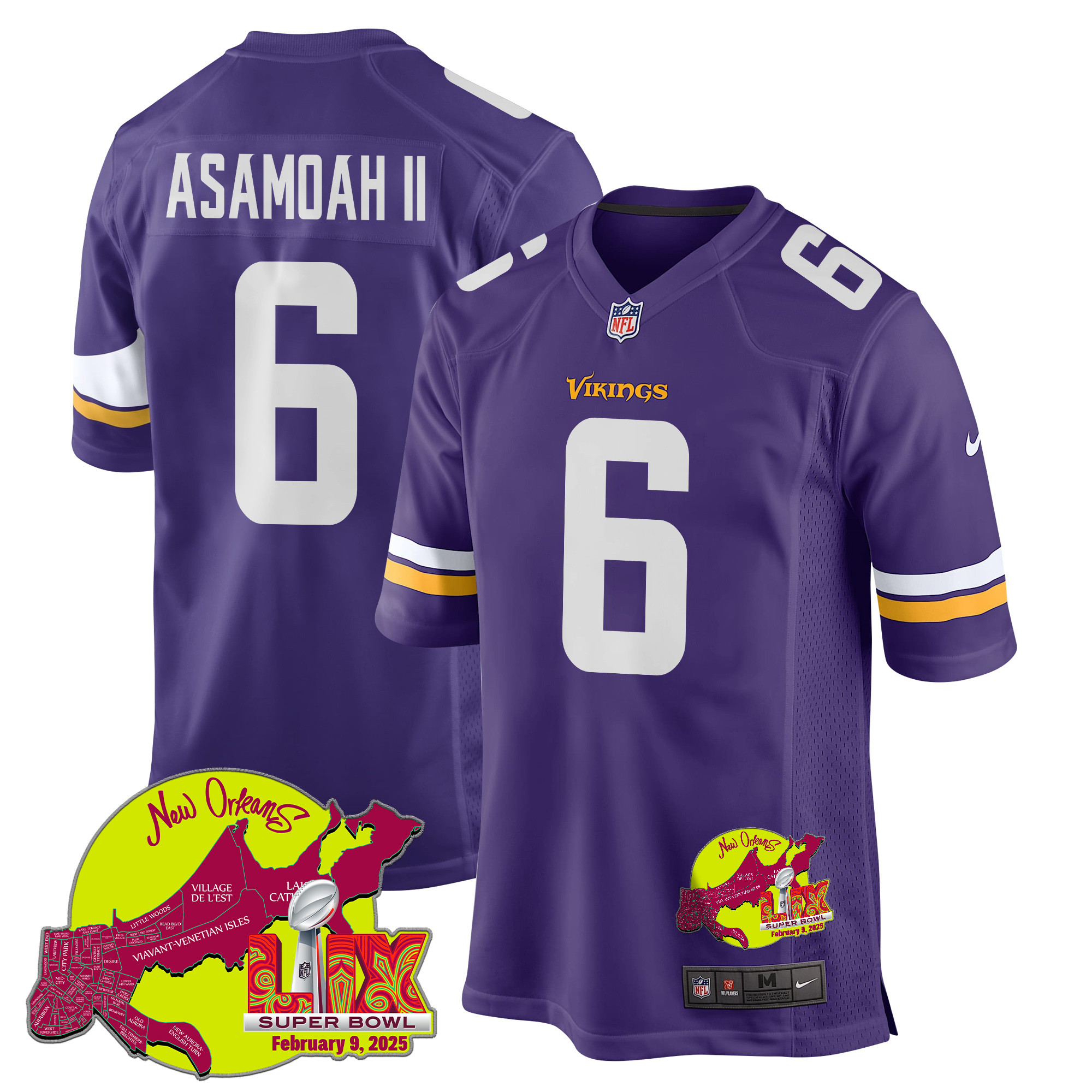 Brian Asamoah II 6 Minnesota Vikings Super Bowl LIX New Orleans Patch Game Purple NFL Jersey Men's