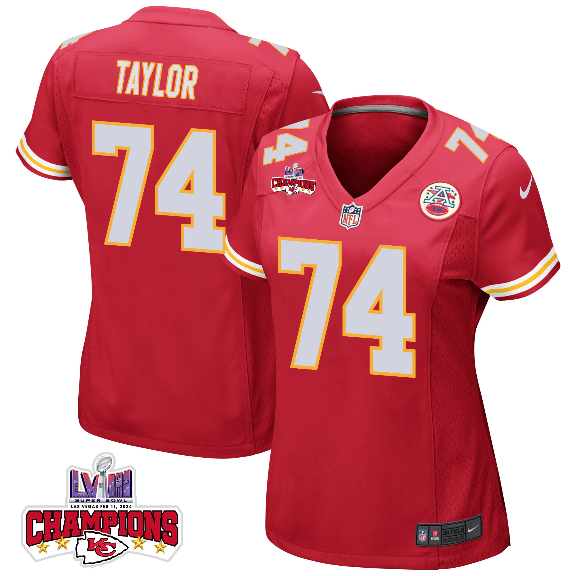 Jawaan Taylor 74 Kansas City Chiefs Super Bowl LVIII Champions 4 Stars Patch Game Red NFL Jersey Women's