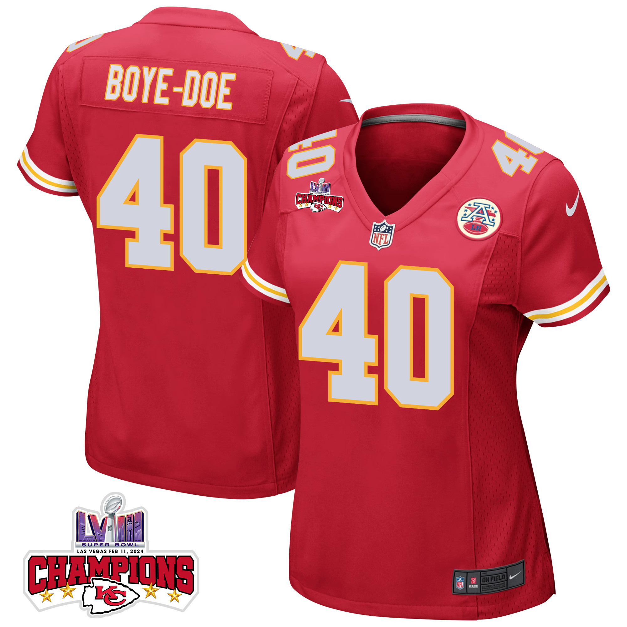 Ekow Boye-Doe 40 Kansas City Chiefs Super Bowl LVIII Champions 4 Stars Patch Game Red NFL Jersey Women's
